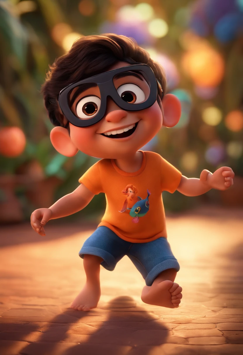 Pixar style image with 3D character black glasses dancing short, Maquiagem Disney,Pescador, bonitinho, sorridente ,Close-up, Pixar, Disney, Cinema lighting,
