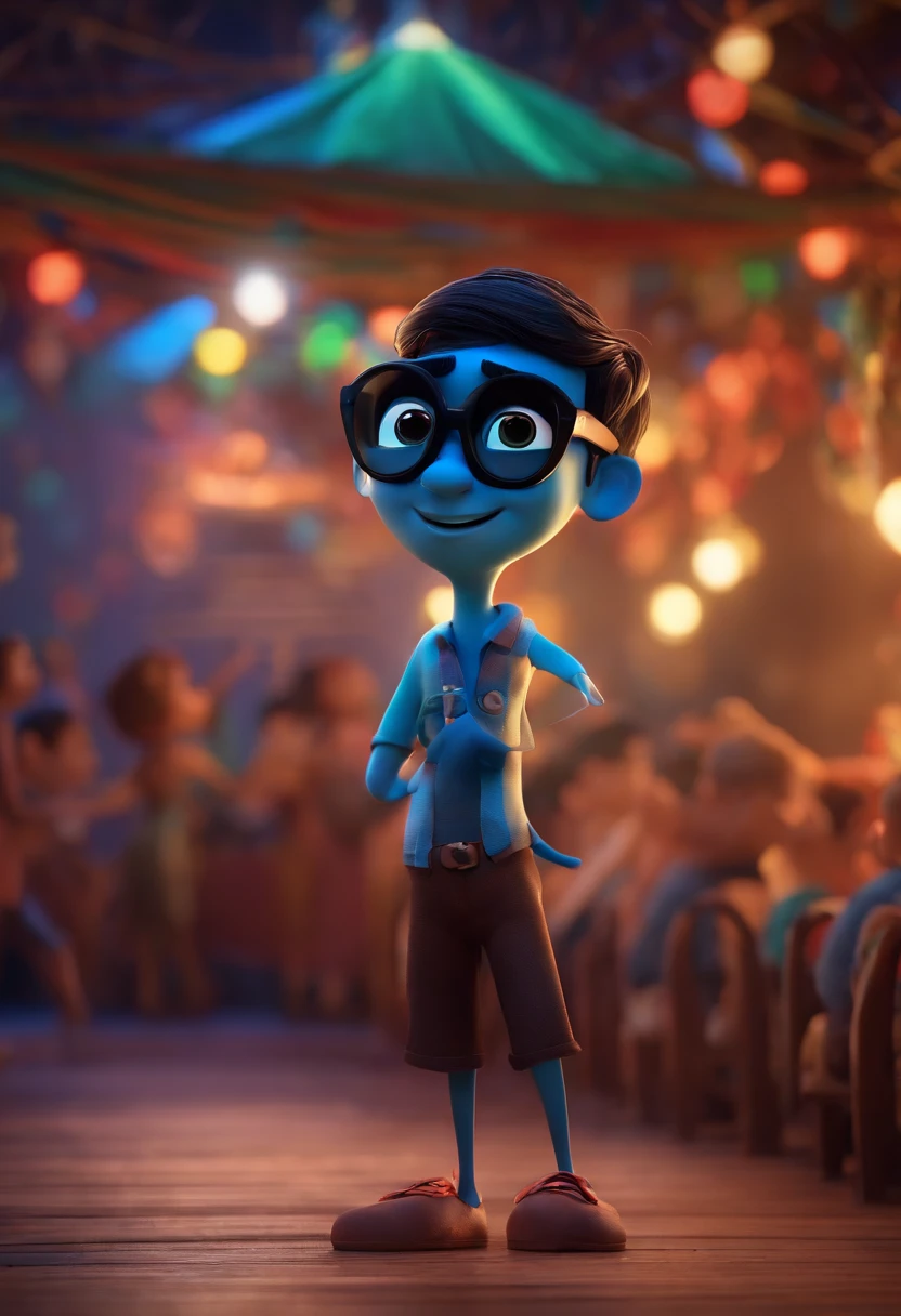 Pixar style image with 3D character black glasses dancing short, Maquiagem Disney,Pescador, bonitinho, sorridente ,Close-up, Pixar, Disney, Cinema lighting,