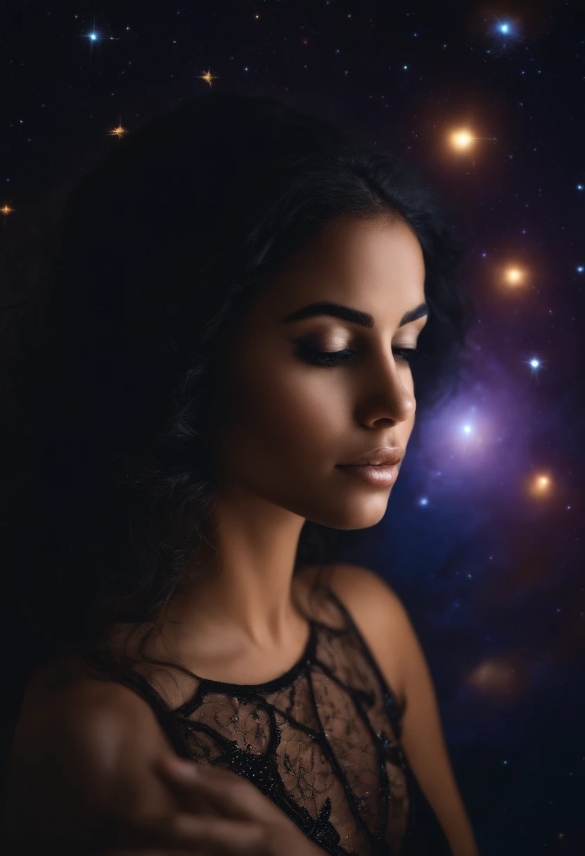 (best quality, master part), 1girl, Posar, Particle, vento, flor, parte superior do corpo, fundo simples, Olhando para o Viewer, cabelo preto selvagem, cosmico, Nebulosas, galaxy