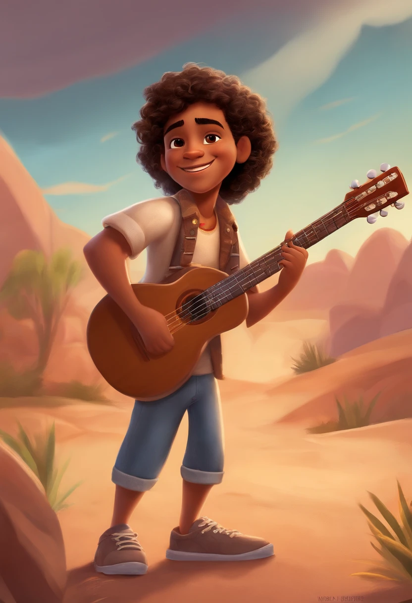 crie um banner no estilo Pixar. A boy with Indian features, moreno pardo com cabelos curtos, Castanhos escuros, Curly and slightly grayish appearance, mas jovem, usando uma camiseta, Wearing jeans and holding a classical guitar with 7 strings.