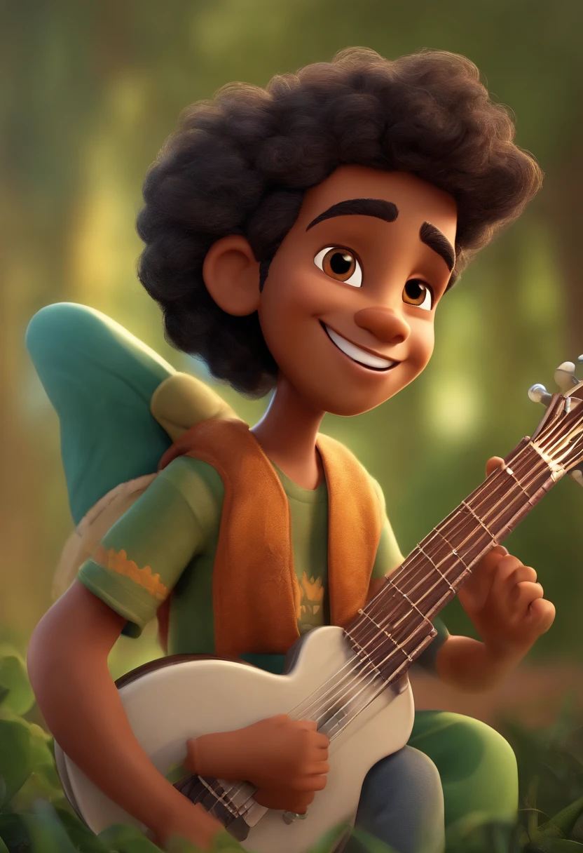 crie um banner no estilo Pixar. A boy with Indian features, moreno pardo com cabelos curtos, Castanhos escuros, Curly and slightly grayish appearance, mas jovem, usando uma camiseta, Wearing jeans and holding a classical guitar with 7 strings.