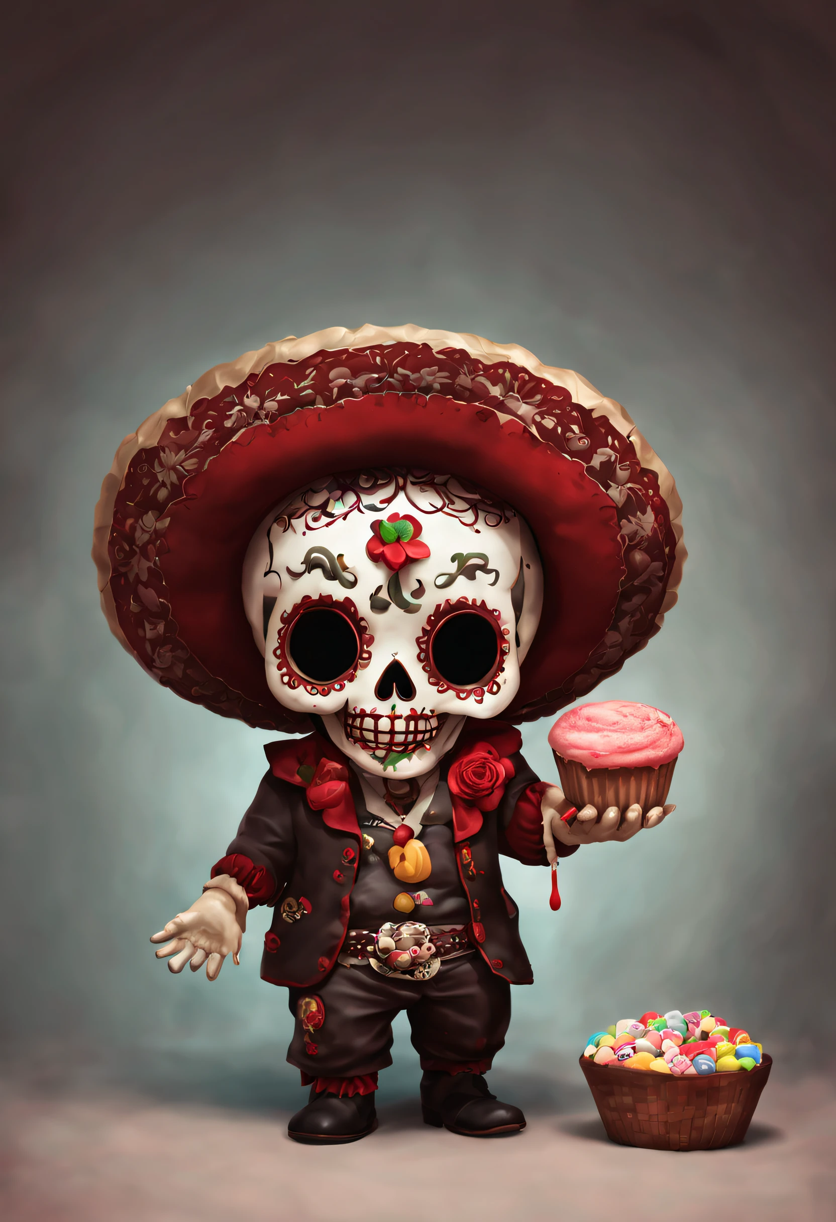 An  chibi Mexican calaca  Full body with sweets,  Horror, Terror, Blood, red mist, HD