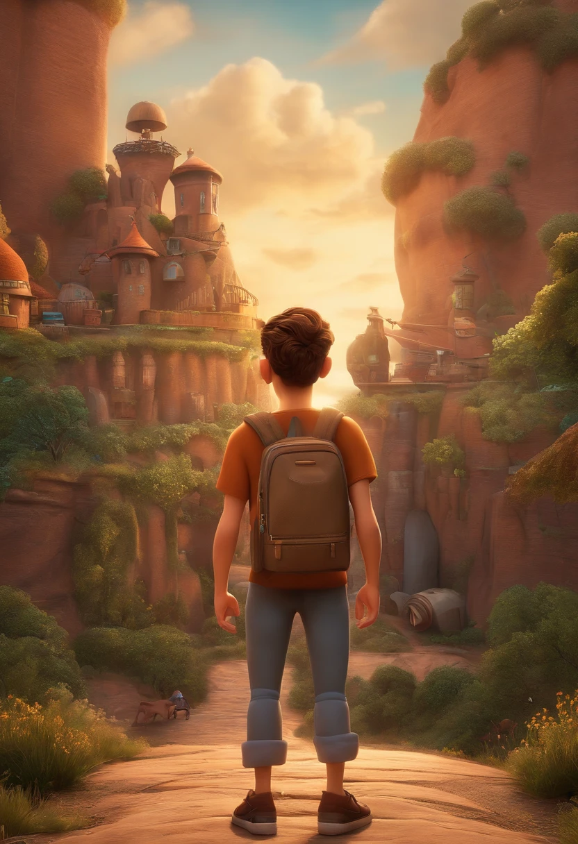 um homem, em breve, barba curta, olhos castanhos, com fones de ouvido, A music studio in the background, Imagem no estilo Pixar, Estilo de filme animado 3D, Disney, camiseta preta