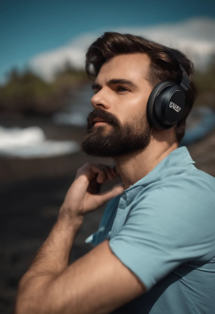 um homem, em breve, barba curta, olhos castanhos, com fones de ouvido, A music studio in the background, Imagem no estilo Pixar, Estilo de filme animado 3D, Disney, camiseta preta