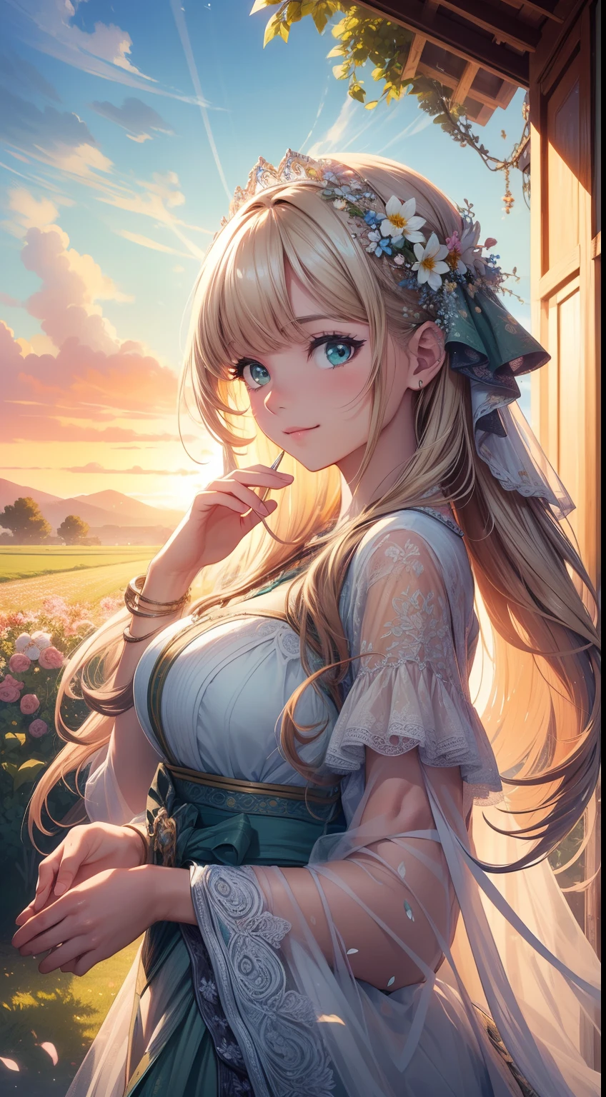 (high quality:1.2),(ultra-detailed,realistic:1.37),carby balloon,artwork,illustration,beautiful detailed eyes, vibrant colors,girl with long hair,smiling girl,artistic scenery,green garden,thick clouds,blue sky,blossoming flowers,soft sunlight,rays of light,fluffy clouds,bright colors,joyful atmosphere,whimsical art style,impressive details,peaceful landscape,serene setting,creative masterpiece,professional artwork,sunset lighting,uplifting vibes,summer theme,vivid color palette,aesthetic composition,ethereal feel,graceful beauty,calm and serene ambiance,perfect harmony between nature and art,meticulous brushstrokes,eye-catching artwork,imagination unleashed,stunning visual impact.