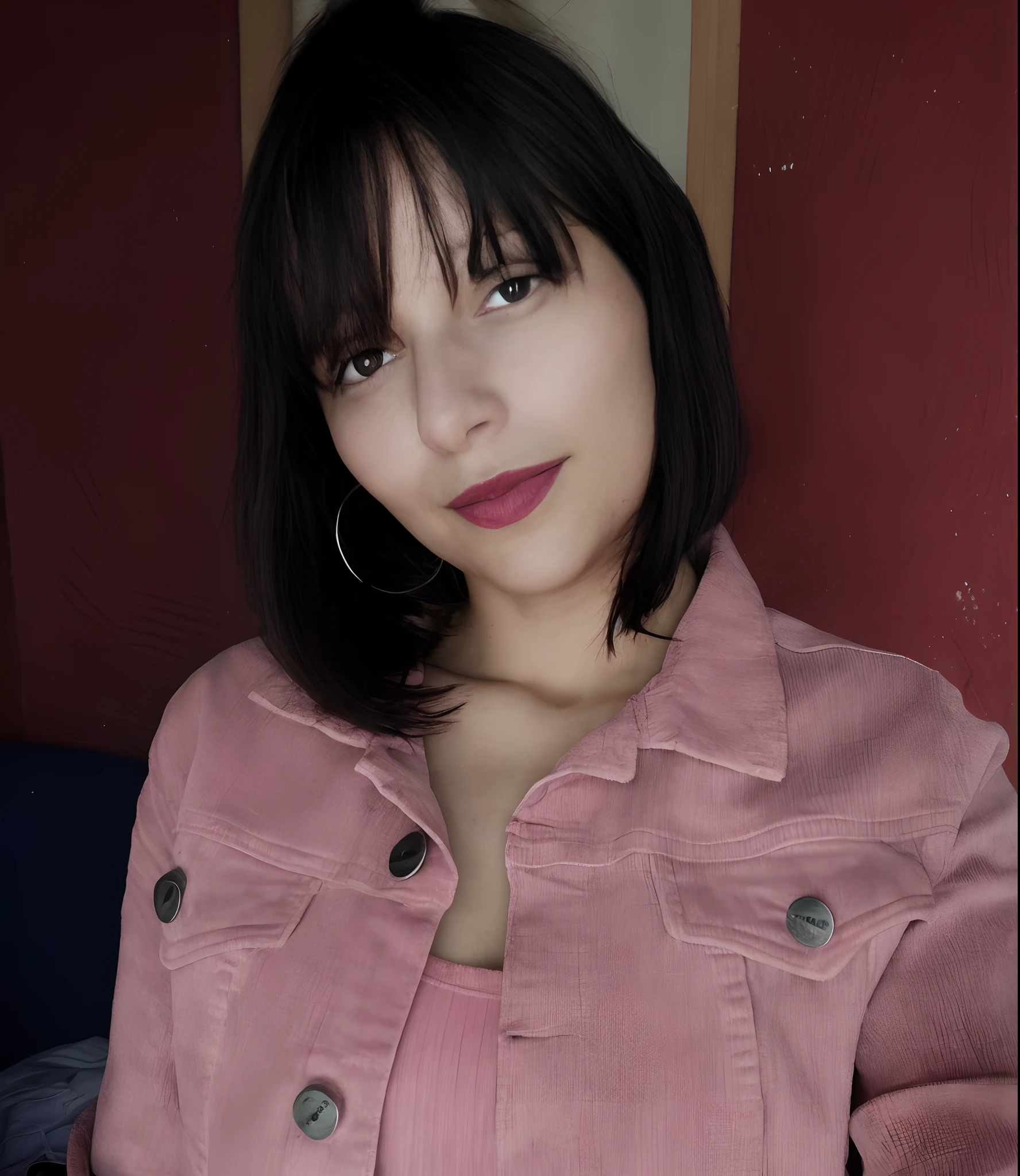 mulher arafed em uma jaqueta rosa e uma camisa rosa, foto de perfil headshot, Alanis Guillen, Retrato tirado 8 K, imagem de qualidade muito baixa, inspired by Verónica Ruiz de Velasco, halfbody headshot, imagem de perfil, com franja, Mulher mexicana bonita, Directed by: Nandor Soldier, by Amelia Peláez
