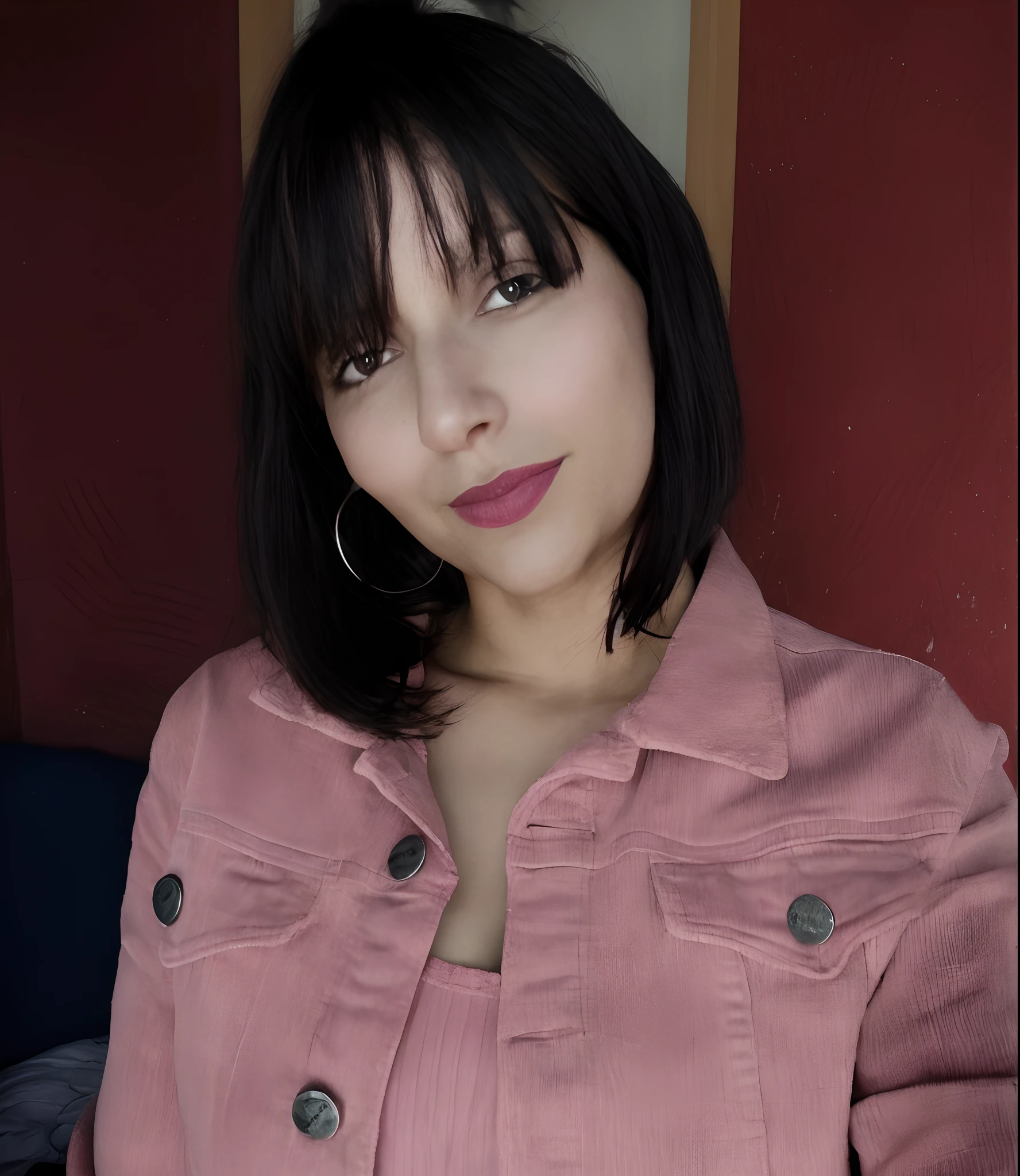 mulher arafed em uma jaqueta rosa e uma camisa rosa, foto de perfil headshot, Alanis Guillen, Retrato tirado 8 K, imagem de qualidade muito baixa, inspired by Verónica Ruiz de Velasco, halfbody headshot, imagem de perfil, com franja, Mulher mexicana bonita, Directed by: Nandor Soldier, by Amelia Peláez