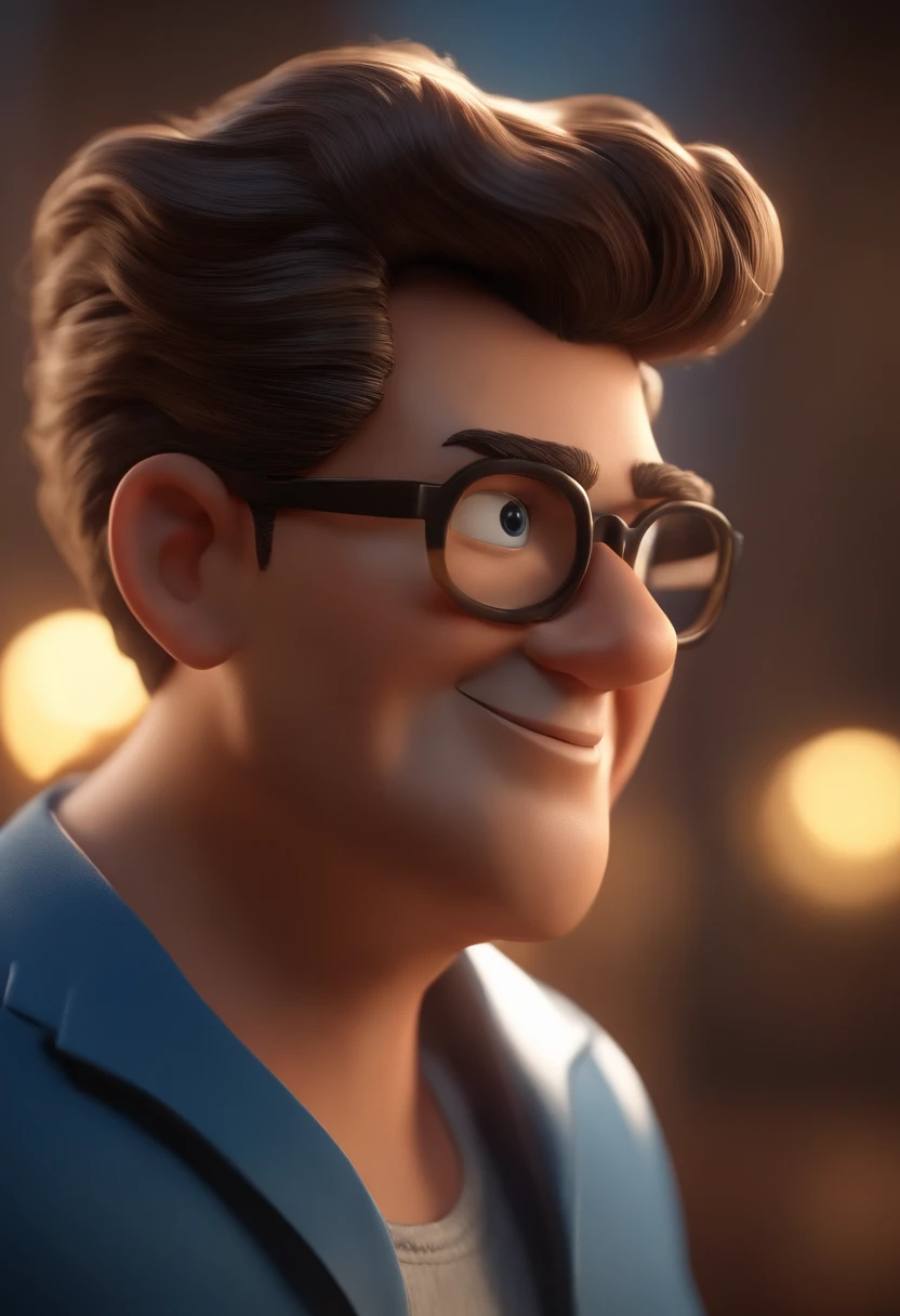 Cartoon character of a man with black glasses, cabelo cacheado marrom escuro e uma camisa azul, animation character, Caractere estilizado, animation style rendering, 3D estilizado, Arnold Maya render, 3 d render stylized, toon render keyshot, Personagem 3D, Personagem 3D, 3d rendering stylized, 3 d character render, personagem de desenho animado, Personagem de close up, Pose de personagem,  (Estilo Pixar) (master part:1.2) (Bokeh) (best quality) (pele detalhada) (textura detalhada) (8k) (argila) (Cinematic lighting) (foco nítido