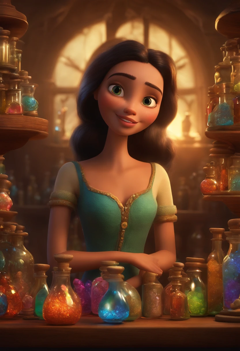 A collector of ideas inspired by Pixar animation, de perto. She is surrounded by a collection of magic vials, each containing a unique idea. The focus is on the character, with a captivating facial expression, Against a backdrop of shimmering, cores efervescentes.