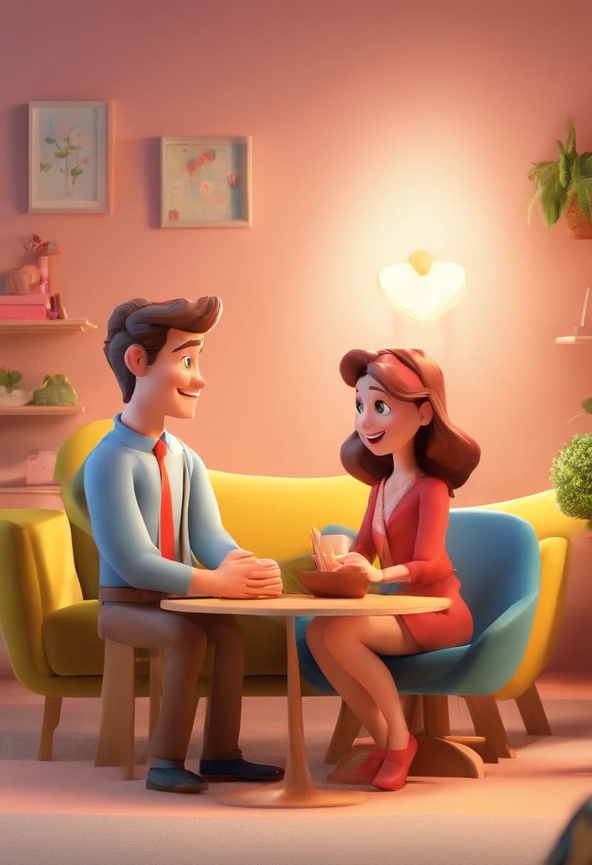 An illustration of an adorable couple, Destacando um homem e uma mulher com beleza, Expressive eyes – the man's hair is bald and brown and he has a full beard, While the woman's hair is tied up in a bun and blonde. They are a bright space, Todos com um sorriso no rosto, e compartilhe um momento especial, That is marked by love, viagem, and pedagogical insights. Ilustre esta cena a partir de uma perspectiva, where they're facing away from the camera, Show Your Connection. Desenvolva esta arte em Full HD, Focus on your cinematic touch, Estilo Disney Pixar Animations