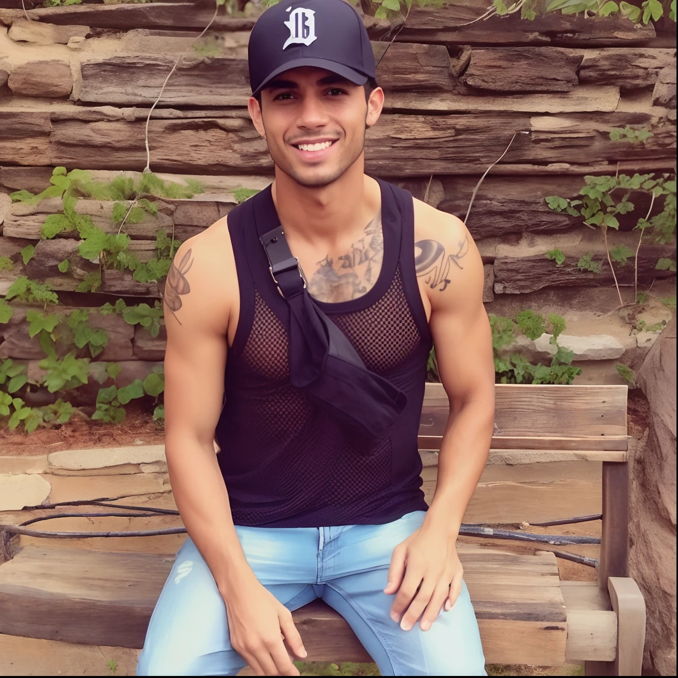 Arafed man sitting on a bench with a baseball cap in, imagem de perfil, foto de perfil, inspirado em Ludovit Fulla, foto de perfil, christian cline, tom of finland style, 2 3 anos, Sidney Lugo, Usando tatuagens shipibo, andres rios, Artur Bordello, caio santos, 2 8 anos, Cristiano Orrillo