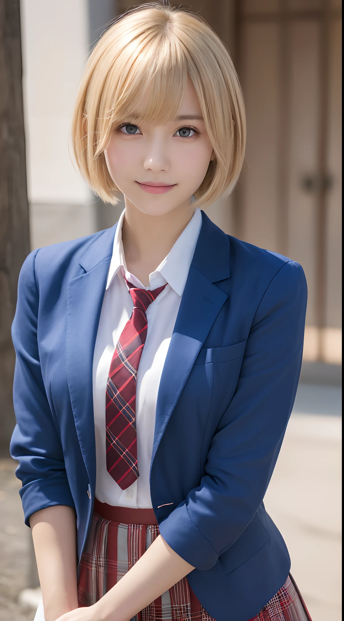 masutepiece,Best Quality,Ultra-detailed,finely detail,hight resolution,in 8K,((Photorealsitic:1.4,Raw photography,超A high resolution,Top image quality:1.4)),masutepiece、Best Quality、 ultra-detailliert、hight resolution、8K Wallpapers、Perfect dynamic composition,、Beautiful detailed eyes、(Beautiful breasts:1.1) 、Blue Blazer、student clothes、white shirt、red necktie、Plaid brown skirt、1girl in、a beauty girl、High school students、Blonde head hair、(a blond)short-cut、Hide your left eye with hair、Red Eyes、ssmile