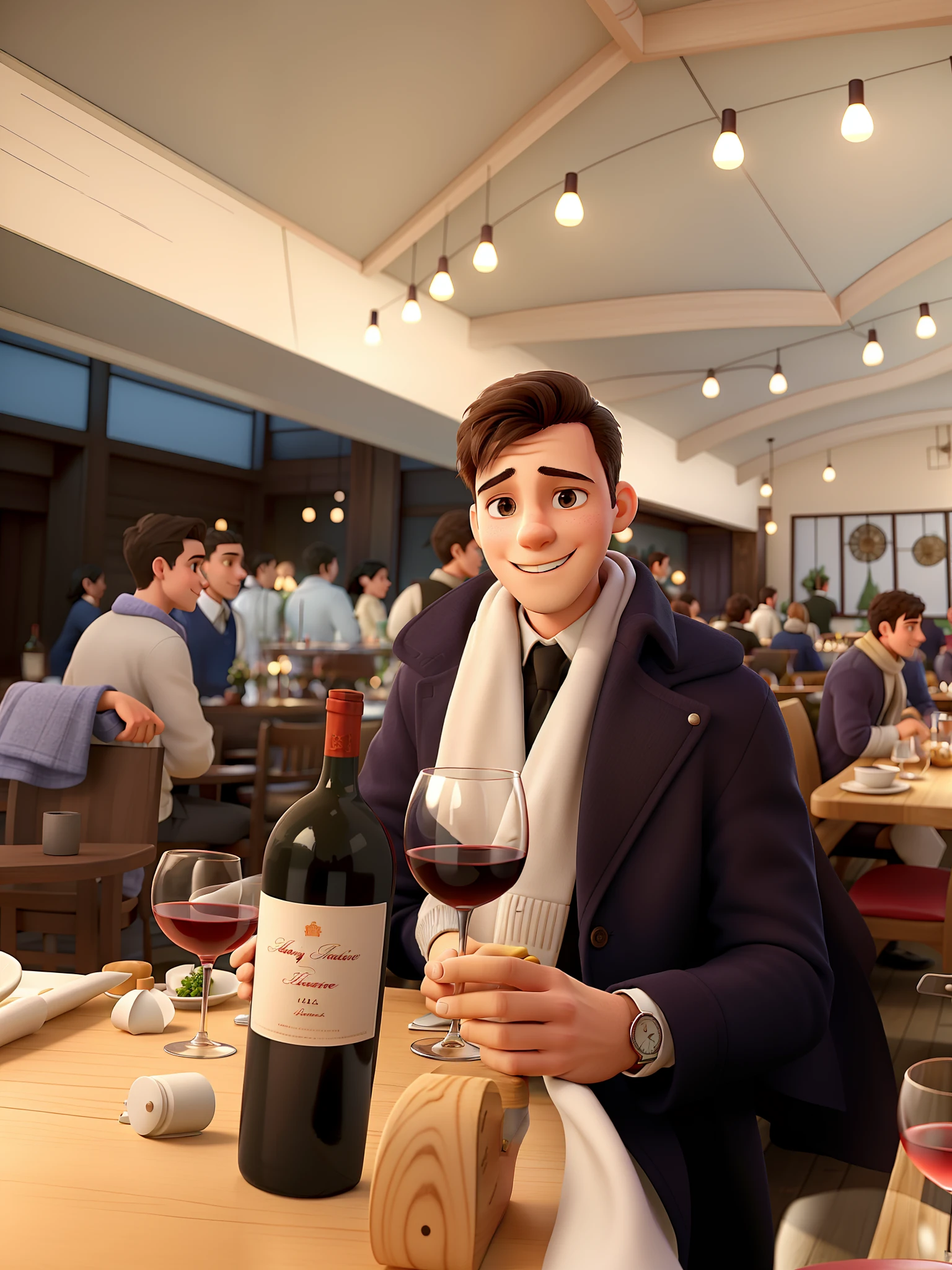 a happy young man in a charming and beautiful restaurant, wearing a white scarf and a dark coat, holding a glass of wine in his hand that is resting on the table. On the table a bottle of wine, a glass and cutlery. In the background there are people in the restaurant. The restaurant's ceiling is wooden with lights decorating the space.