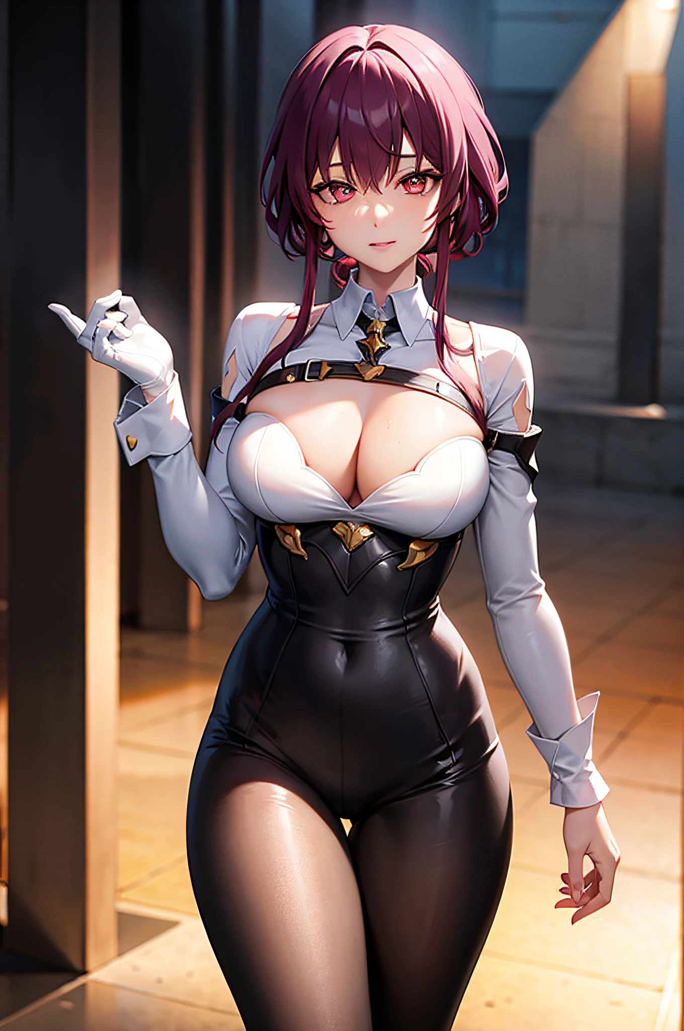 ((masterpiece)), (top quality), (best quality), (((ultra-detailed, 8k quality))),(large masterpiece digital art), (detailed manga illustration), (detailed line art), ((perfect anatomy)), extremely detailed body, extremely detailed finger, ((best hands)), perfect face, beautiful face, (blush), extremely detailed eyes, ((expressive eyes)), ((glistening eyes)), gradient eyes, beautiful eyes, perfect eyes, (((perfect fingers))) BREAK Model shoot style. Kafka from Honkai Star Rail. She has purple hair and sunglasses on her head. eyewear on head. She is wearing a white collared shirt and gloves. (white collared shirt), black jacket. She has a pantyhose and cleavage. Fit body, slender body, She is on a racecar track. (Full body view) BREAK (intricate background of a racecar track), (perfect scenery), natural shadows, dramatic shading, dramatic lighting, (warm colors), (cool colors) BREAK ,