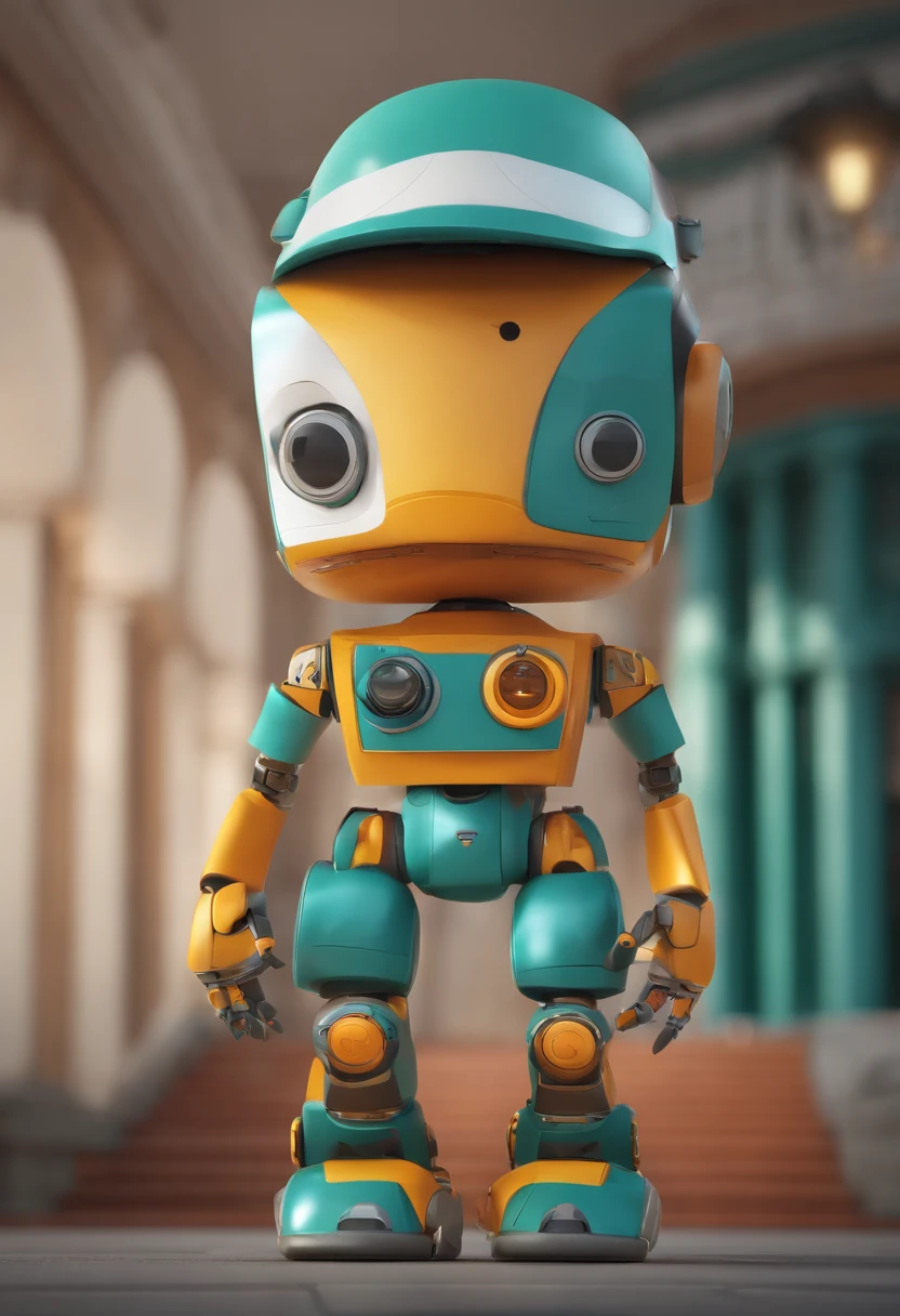 cartoon character of a robot with indigenous characterization of Amazonian ethnicity child dressed in a school uniform of the Manaus city hall, com estilo papel Crafter corpo todo , animation character, Caractere estilizado, animation style rendering, 3D estilizado,