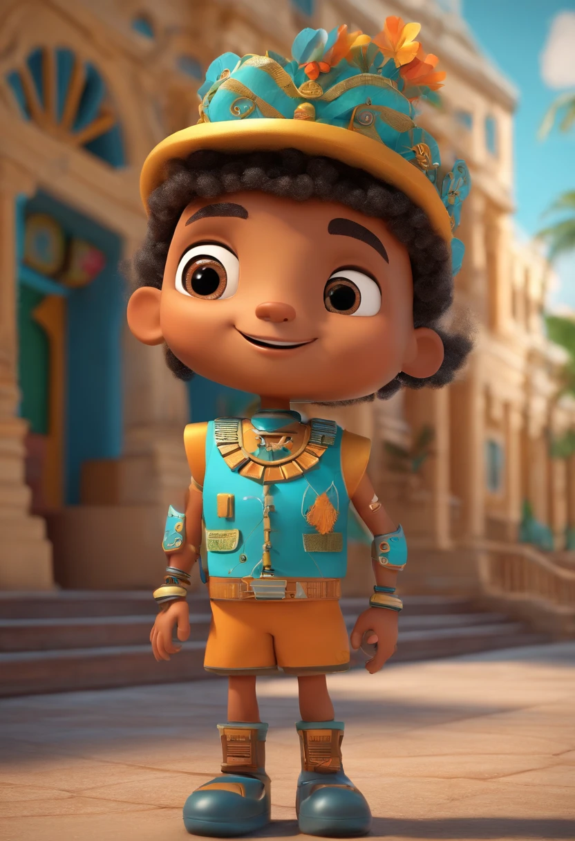 cartoon character of a robot with indigenous characterization of Amazonian ethnicity child dressed in a school uniform of the Manaus city hall, com estilo papel Crafter corpo todo , animation character, Caractere estilizado, animation style rendering, 3D estilizado,
