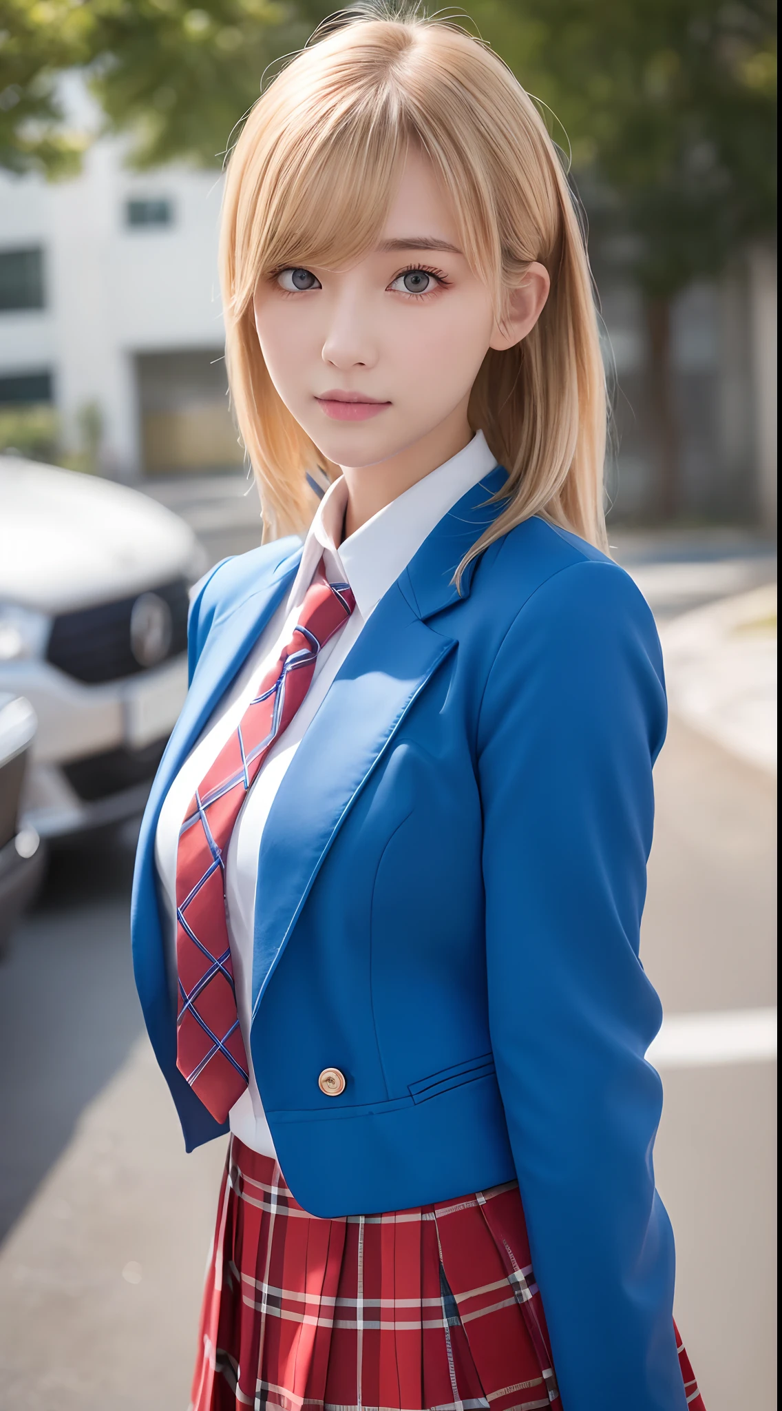 masutepiece,Best Quality,Ultra-detailed,finely detail,hight resolution,in 8K,((Photorealsitic:1.4,Raw photography,超A high resolution,Top image quality:1.4)),masutepiece、Best Quality、 ultra-detailliert、hight resolution、8K Wallpapers、Perfect dynamic composition,、Beautiful detailed eyes、(Beautiful breasts:1.1) 、Blue Blazer、student clothes、white shirt、red necktie、Plaid brown skirt、1girl in、a beauty girl、High school students、Blonde head hair、(a blond)short-cut、Hide your left eye with hair、Red Eyes、ssmile