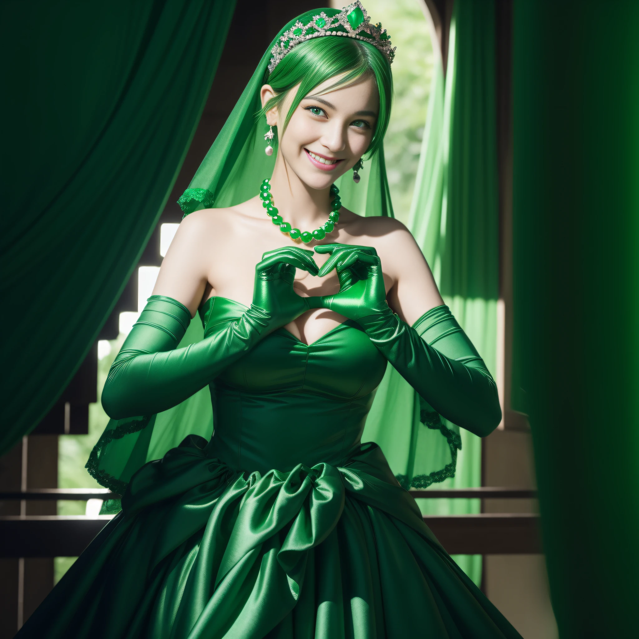 emerald tiara, Green Pearl Necklace, Boyish very short green hair, lipsticks, Japan woman smiling, very short short hair,  big breasts beautiful, Green eyes, Long green gloves made of satin material, Green eyes, Emerald Earrings, green vale, Heart with both hands,Green hair