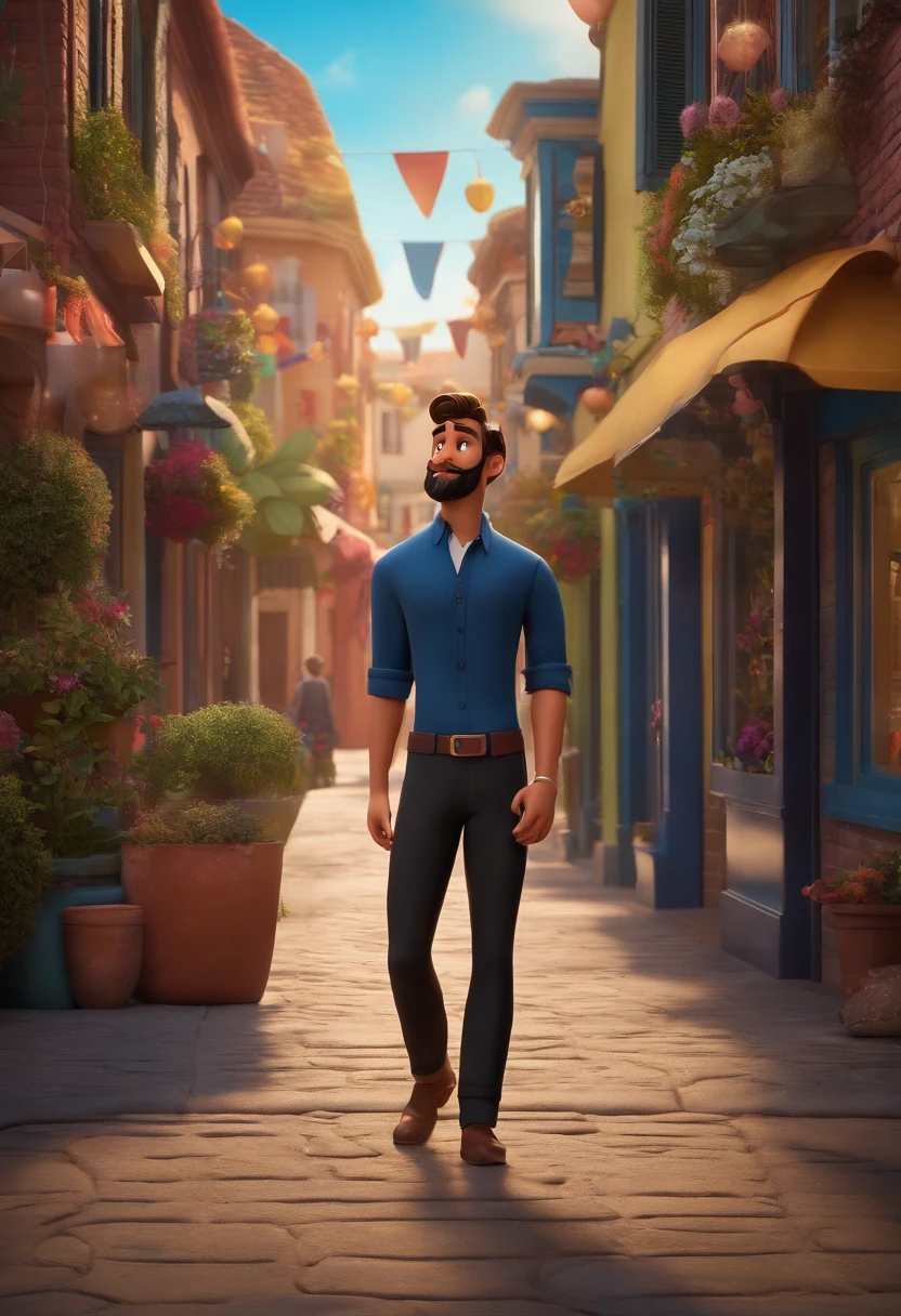 Disney/Pixar-inspired 3D poster capturing a scene of a handsome 20-year-old with a soul patch beard, cabelo desbotado de navalha preta, Camisa Preta, Black pants on the background of a clothing store