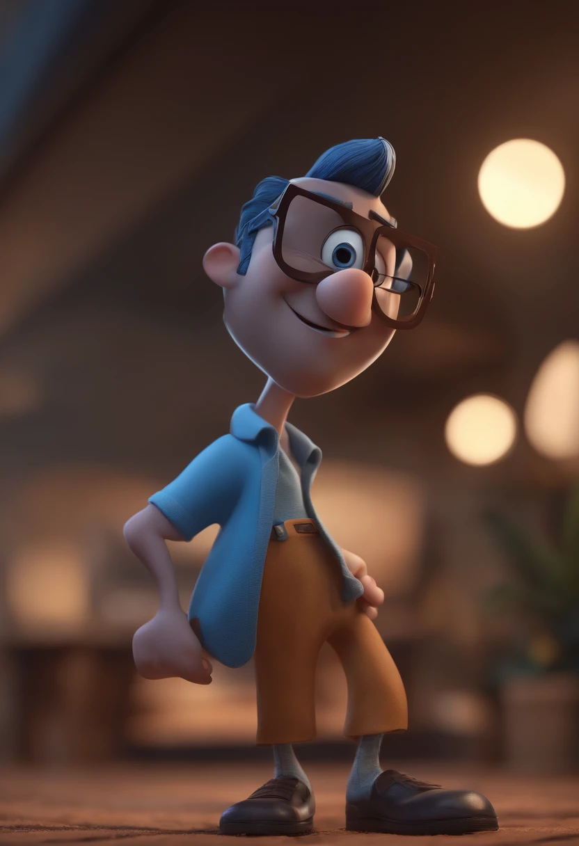 Cartoon character of a man with black glasses and a blue shirt, animation character, Caractere estilizado, animation style rendering, 3D estilizado, Arnold Maya render, 3 d render stylized, toon render keyshot, Personagem 3D, Personagem 3D, 3d rendering stylized, 3 d character render, personagem de desenho animado, Personagem de close up, Pose de personagem, (Estilo Pixar) (master part:1.2) (Bokeh) (best quality) (pele detalhada) (textura detalhada) (8k) (argila) (Cinematic lighting) (foco nítido