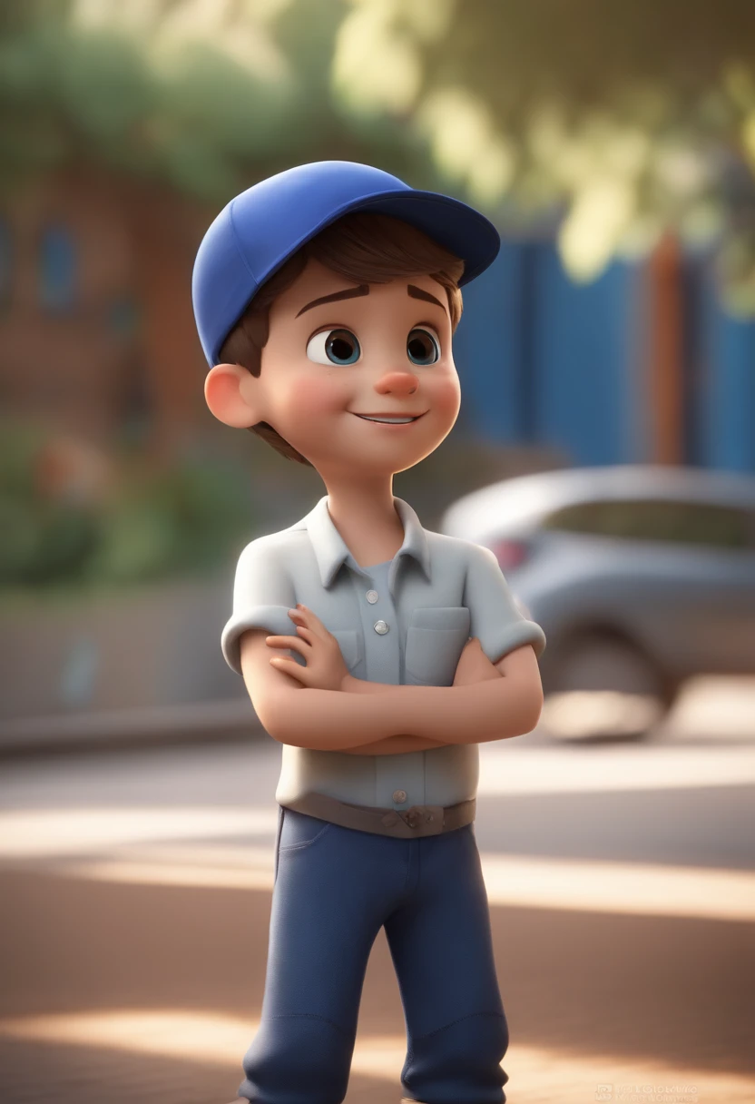 A happy cute boy standing short hair with dark blue cap , vestindo uma camisa azul , , fundo branco, barnet, Tom, Estilo Pixar, ......3d, desenhos animados, rosto detalhado, asymmetrical 16k