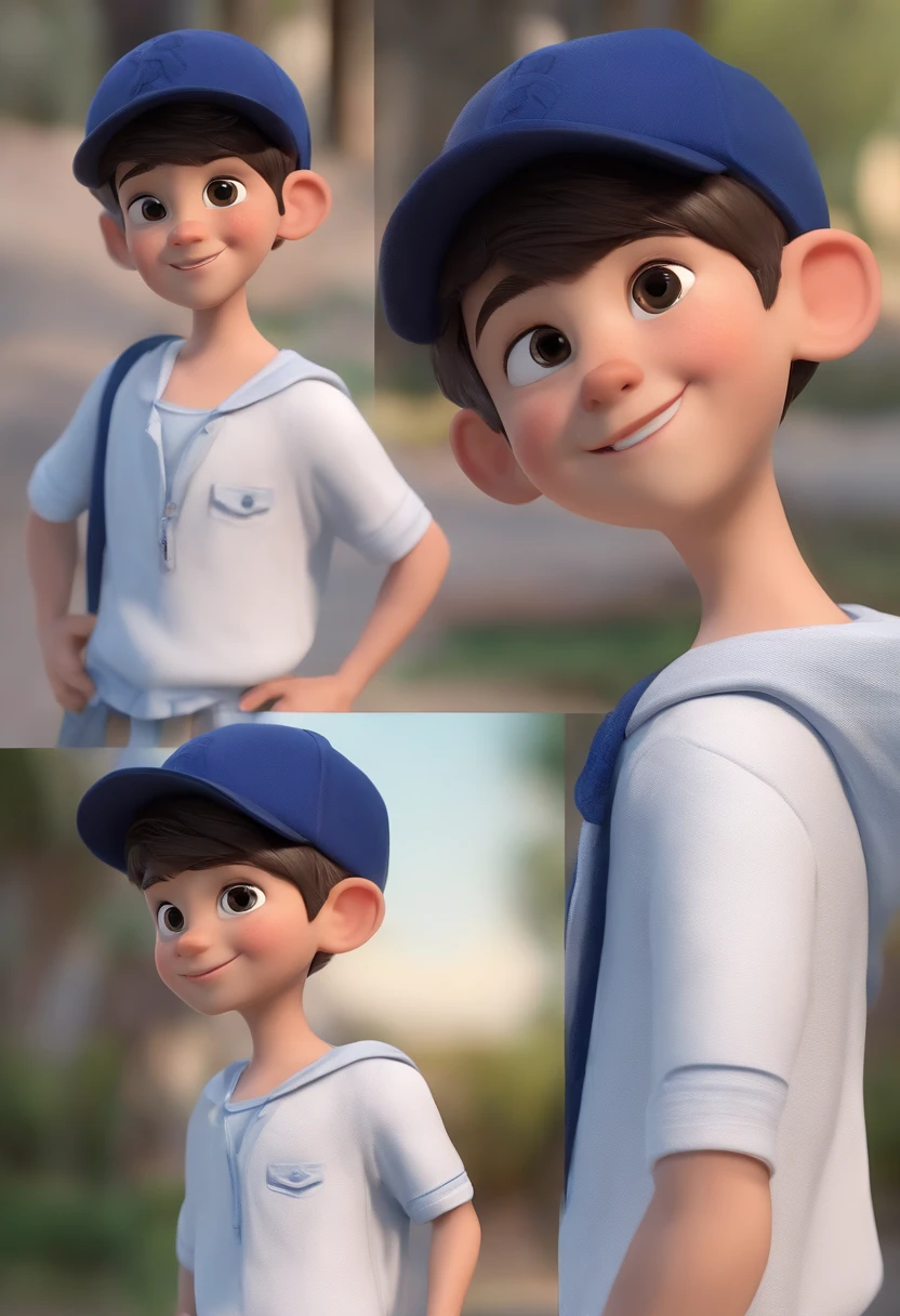 A happy cute boy standing short hair with dark blue cap , vestindo uma camisa azul , , fundo branco, barnet, Tom, Estilo Pixar, ......3d, desenhos animados, rosto detalhado, asymmetrical 16k