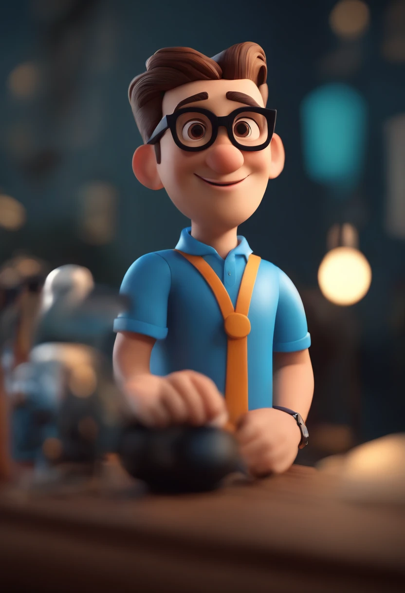 Cartoon character of a man wearing black glasses and a blue shirt, um personagem animado, Caractere estilizado, animation style rendering, 3D estilizado, Arnold Maya render, 3 d render stylized, toon render keyshot, Personagem 3D, Personagem 3D, 3d rendering stylized, 3 d character render, personagem de desenho animado, Personagem de close up, Pose de personagem, (Estilo Pixar) (master part:1.2) (Bokeh) (best quality) (pele detalhada) (textura detalhada) (8k) (argila) (Cinematic lighting) (foco nítido,Senta e vaza a parte superior do corpo