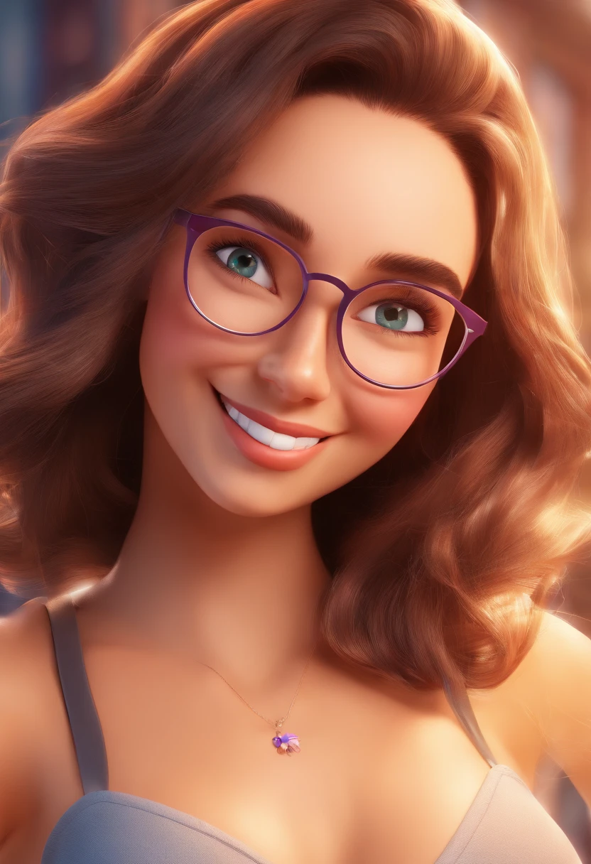 An illustration of an adorable woman, Spotlight on a chubby woman with smiling glasses with beautiful expressive eyes - the woman's skin is white and the woman's hair is brown. Com rosto um luminoso, com um sorriso no rosto, e compartilhar um momento especial caracterizado pela felicidade, Insights. Illustrate this scene from a perspective where she is facing the camera, Smiling and Showing Your Connection. Desenvolva esta arte em Full HD, Focus on your cinematic touch, Estilo Disney Pixar Animations