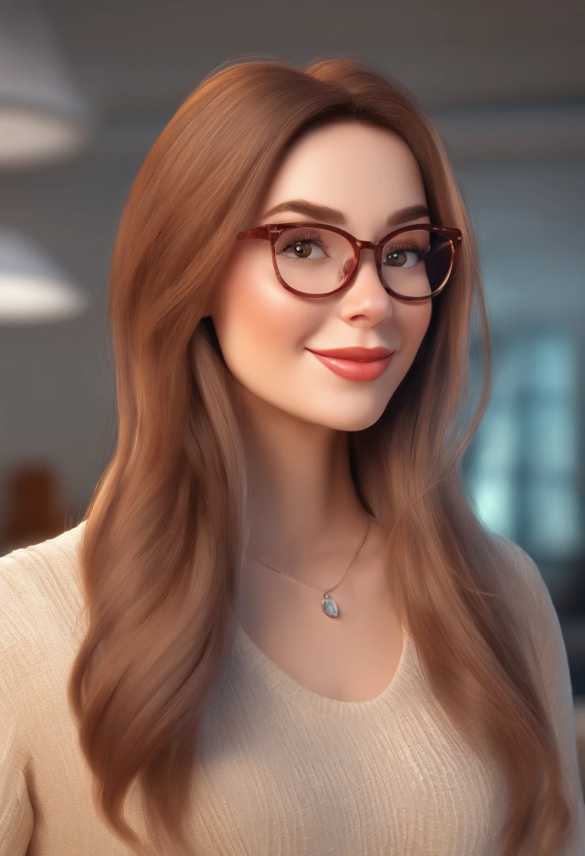 An illustration of an adorable woman, Spotlight on a chubby woman with smiling glasses with beautiful expressive eyes - the woman's skin is white and the woman's hair is brown. Com rosto um luminoso, com um sorriso no rosto, e compartilhar um momento especial caracterizado pela felicidade, Insights. Illustrate this scene from a perspective where she is facing the camera, Smiling and Showing Your Connection. Desenvolva esta arte em Full HD, Focus on your cinematic touch, Estilo Disney Pixar Animations