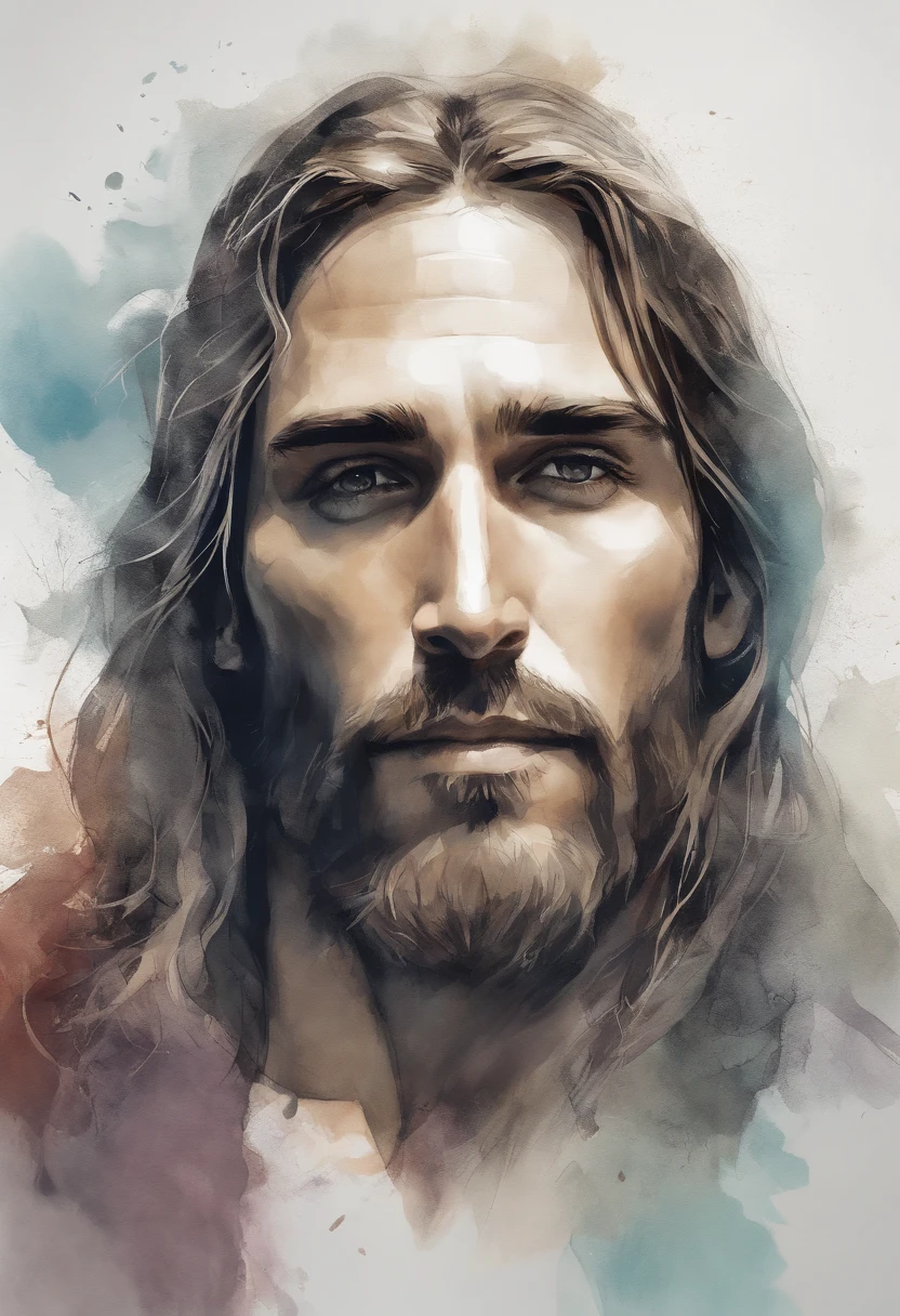 Jesus Chisth face Desenho a tinta, digital illustation, Estilo de banda desenhada, Aquarela, estilo artstation, arte conceitual, 2d illustration, por Peter Draw, por Carne Griffiths, Directed by: Wadim Kashin, corpo inteiro, Centrado,circunstanciado, liso, dynamic pose, --v 5.1 --ar 3:4