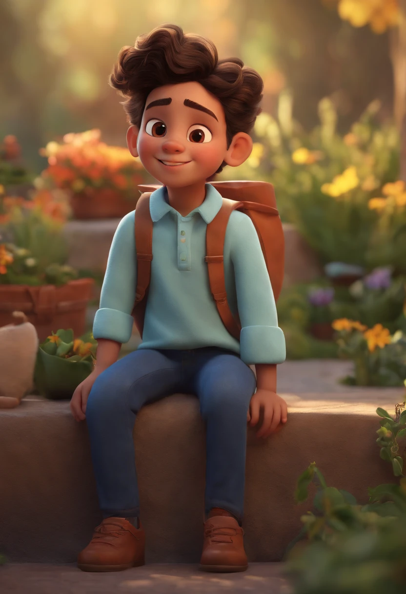 Image of a boy for a story in a YouTube video in Pixar format, He's the little allabester, He's the class leader, He's outgoing, Playful and gets up for a lot of things, cabelo curto