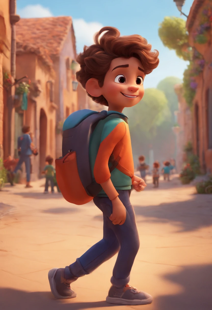 Image of a boy for a story in a YouTube video in Pixar format, He's the allabester, He's the class leader, He's outgoing, Playful and gets up for a lot of things, cabelo curto