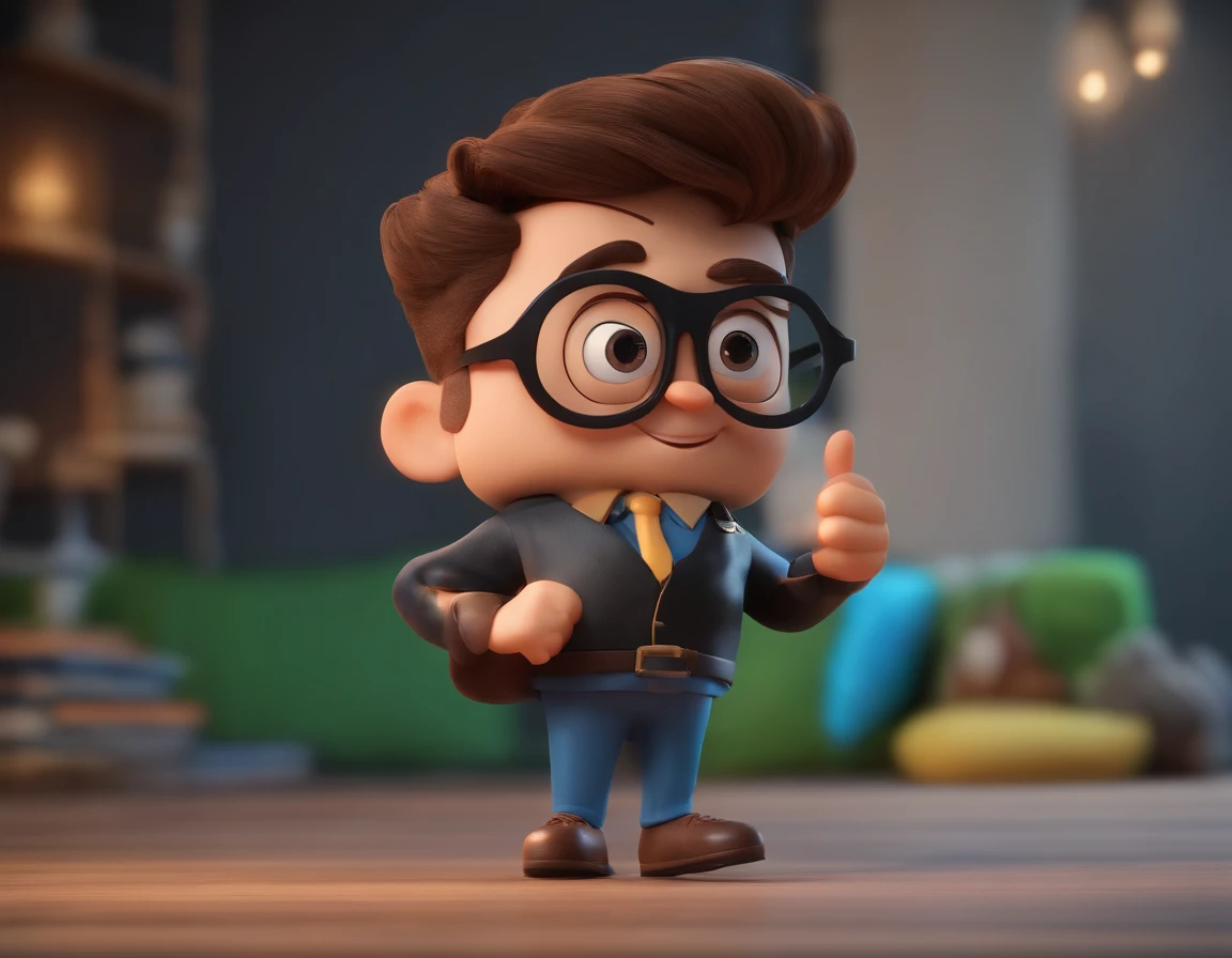 Cartoon character of a man wearing black glasses and a blue shirt, um personagem animado, Caractere estilizado, animation style rendering, 3D estilizado, Arnold Maya render, 3 d render stylized, toon render keyshot, Personagem 3D, Personagem 3D, 3d rendering stylized, 3 d character render, personagem de desenho animado, Personagem de close up, Pose de personagem, (Estilo Pixar) (master part:1.2) (Bokeh) (best quality) (pele detalhada) (textura detalhada) (8k) (argila) (Cinematic lighting) (foco nítido,Senta e vaza a parte superior do corpo