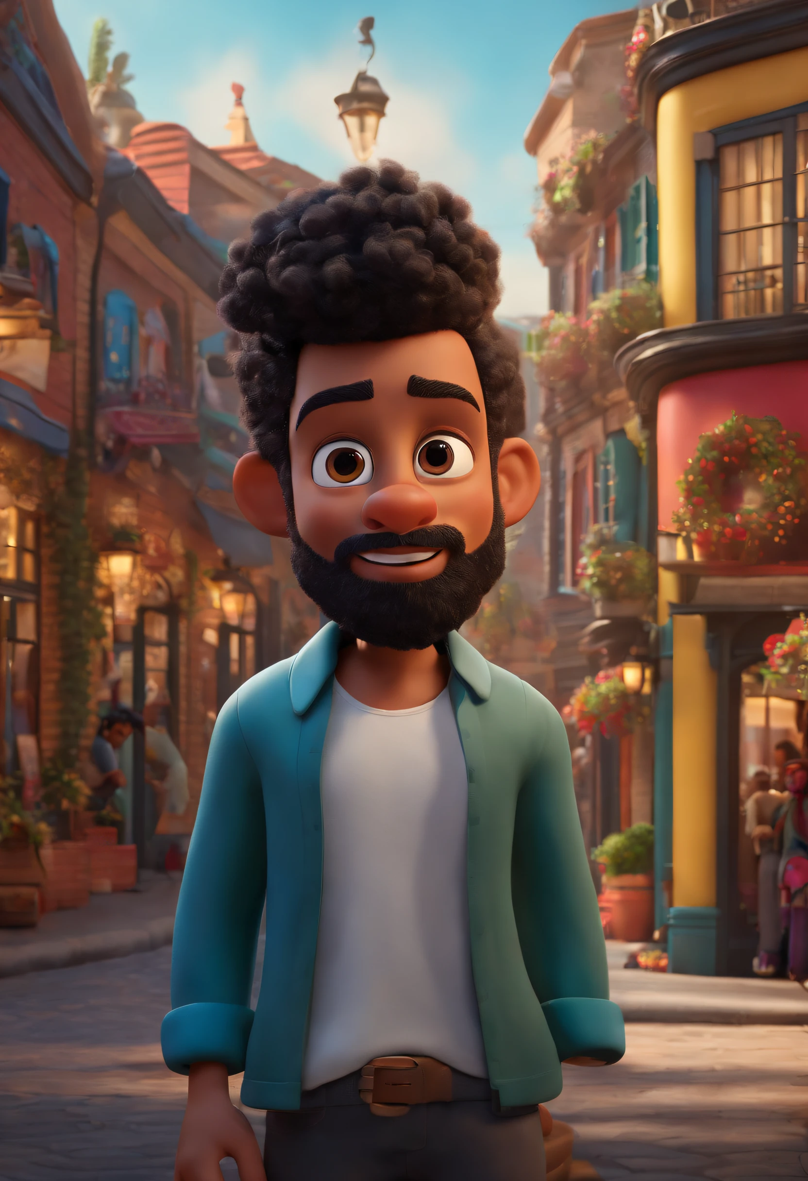 Disney/Pixar-inspired 3D poster capturing a scene of a cute 20-year-old with a soul patch beard, cabelo desbotado de navalha preta, camisa preta, Black pants on the background of a clothing store