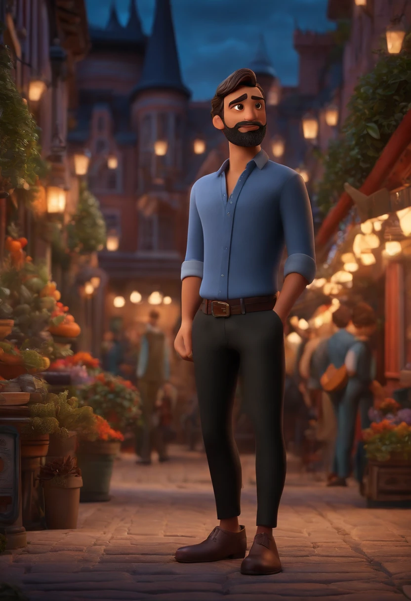 Disney/Pixar-inspired 3D poster capturing a scene of a cute 20-year-old with a soul patch beard, cabelo desbotado de navalha preta, camisa preta, Black pants on the background of a clothing store