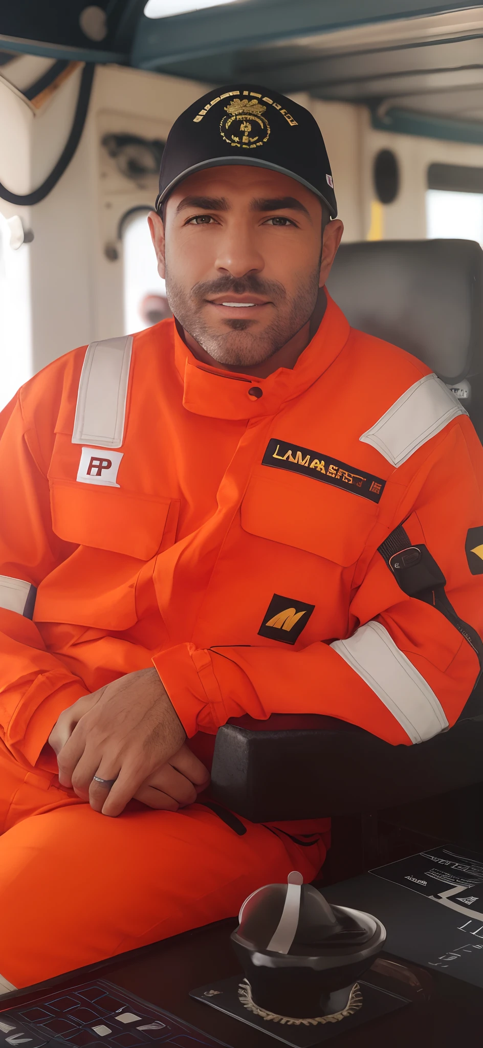 homem arafed em uniforme laranja sentado em uma cadeira em um barco, david rios ferreira, foto retrato, foto de retrato, ignacio fernandez rios, album photo, icaro carvalho, rugged ship captain, Close portrait, imagem de perfil, por Romain brook, imagem do avatar, RH, equipamento piloto, technical suit, Alexandre Ferra, imagem retrato