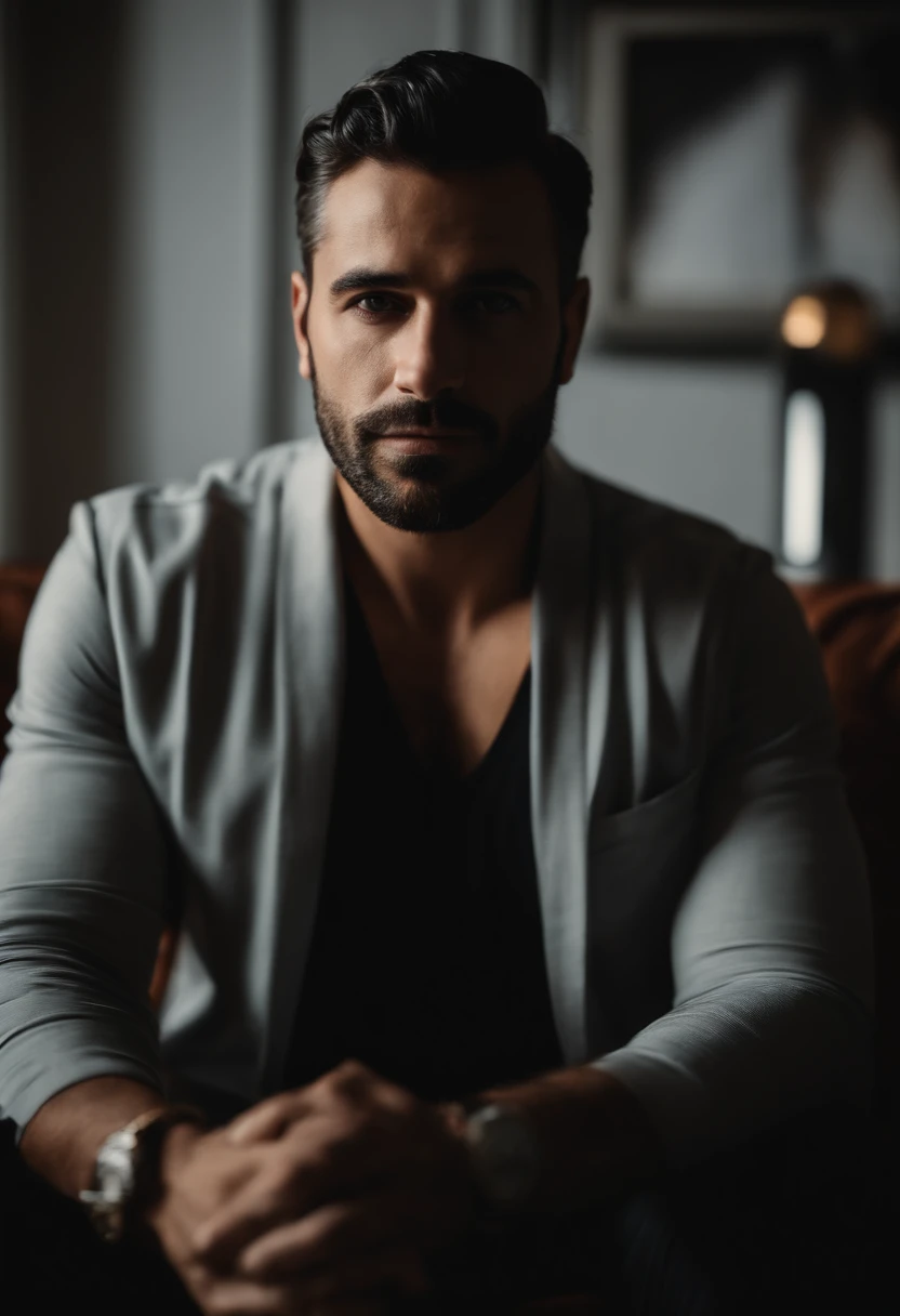 Retrato Homem rico, terno preto em um apartamento luxuoso