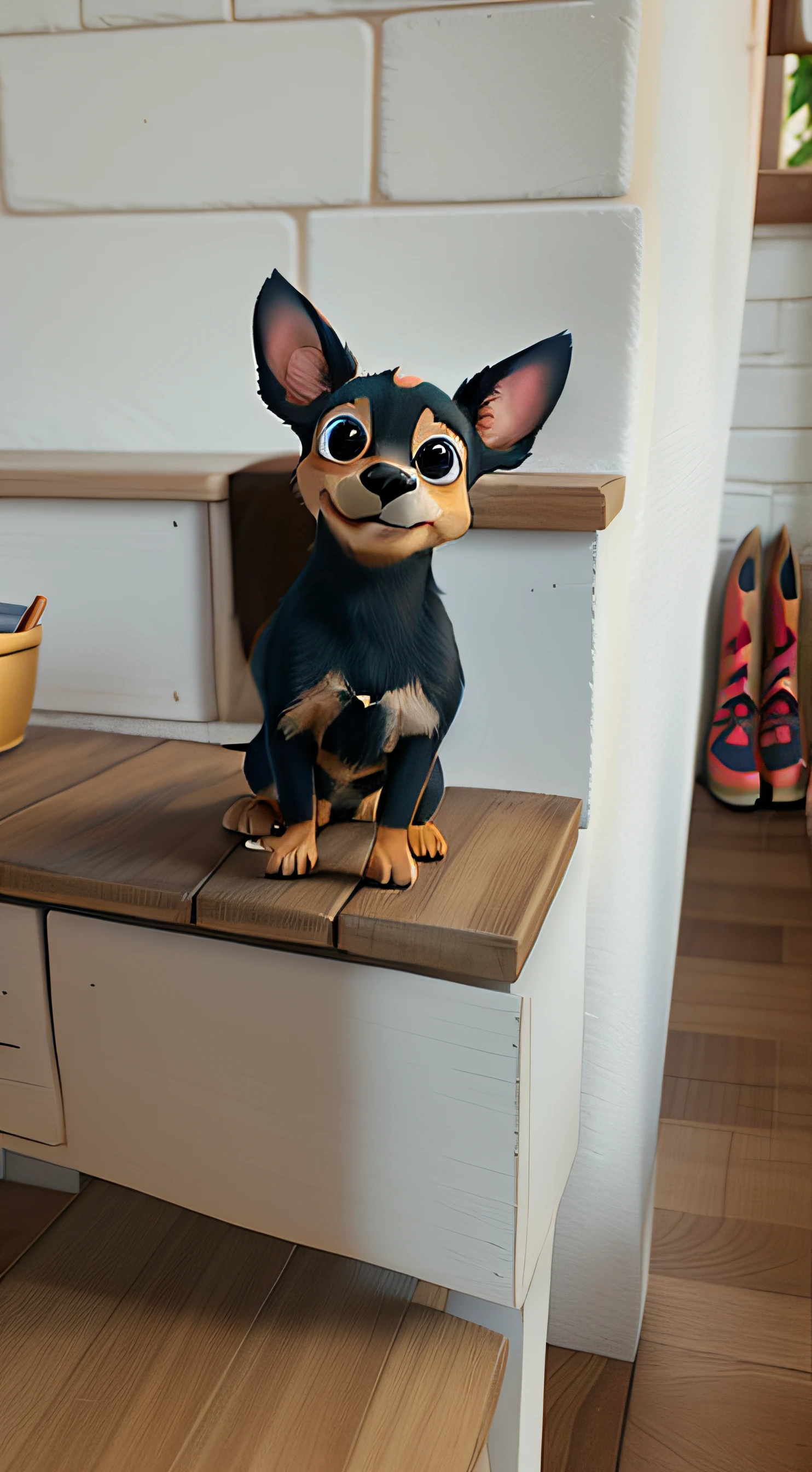 create an adorable Disney-Pixar-style image of a small Pinscher dog with orange eyebrows, displaying a brave and endearing expression. The image should convey a mix of cuteness and determination, como se o cachorro estivesse prestes a embarcar em uma grande aventura. Add a backdrop that complements the scene, Whether it's an outdoor setting with vibrant colors or an enchanting setting that highlights the story behind the dog's expression