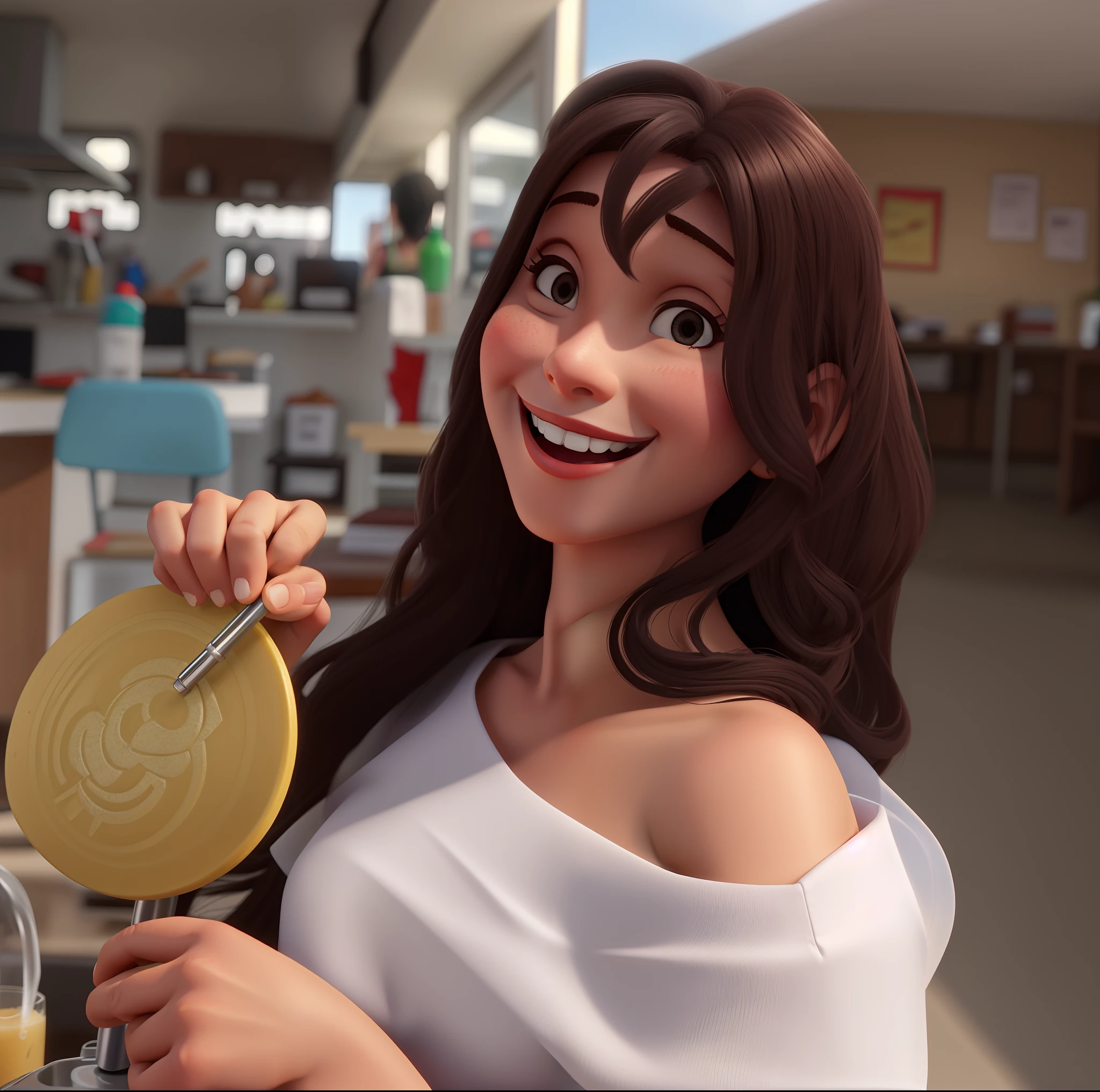 Mulher, sorridente segurando um copo e bebendo no canudo