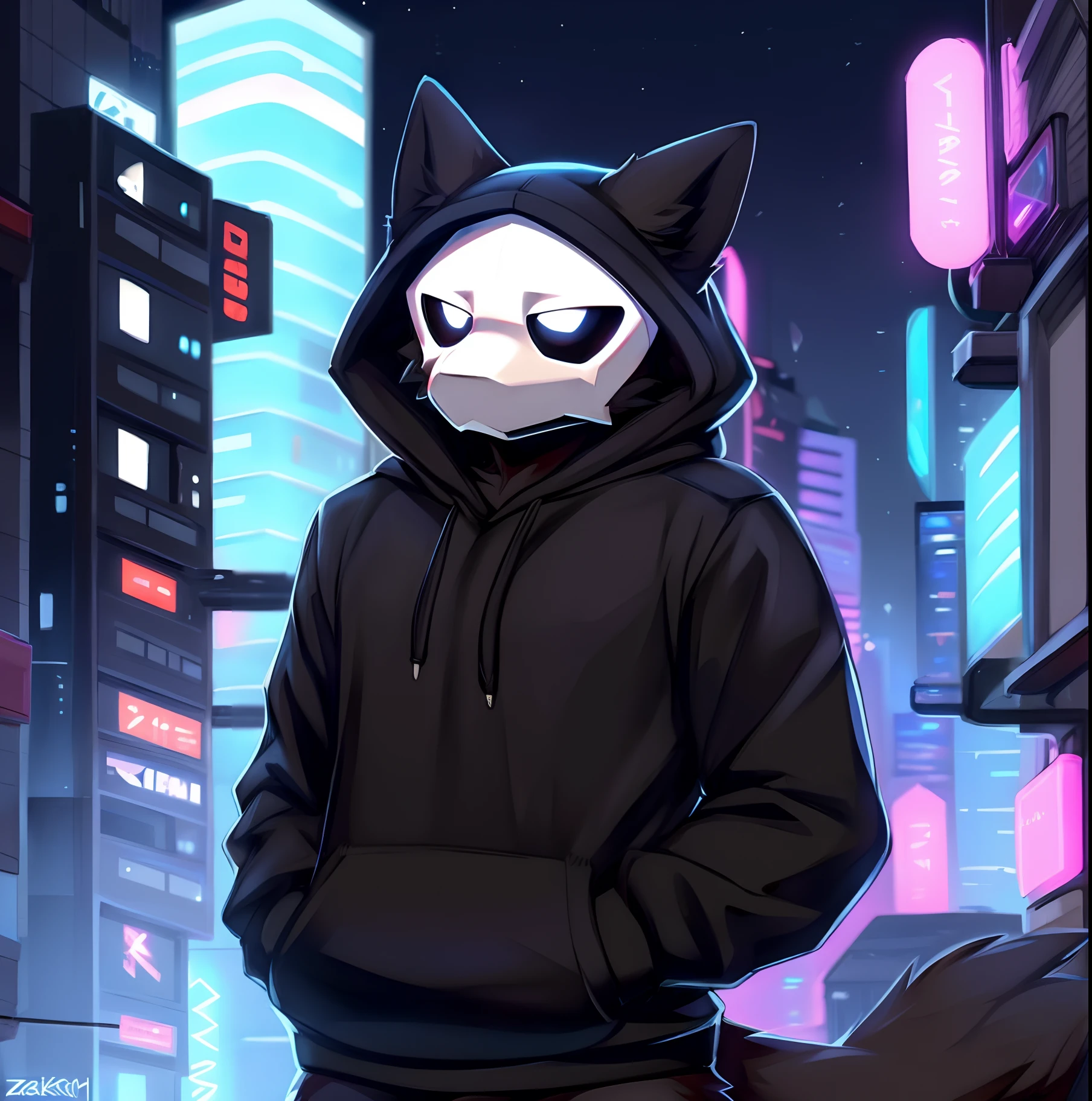 by zackary911, (coffeesoda:1.1), hioshiru, zackary911, puro, anthro, male, solo, clothing, fur, 2022, black clothing, hoodie, black topwear, lidded eyes, black hoodie, cyberpunk city background, 12 inch penis cumming