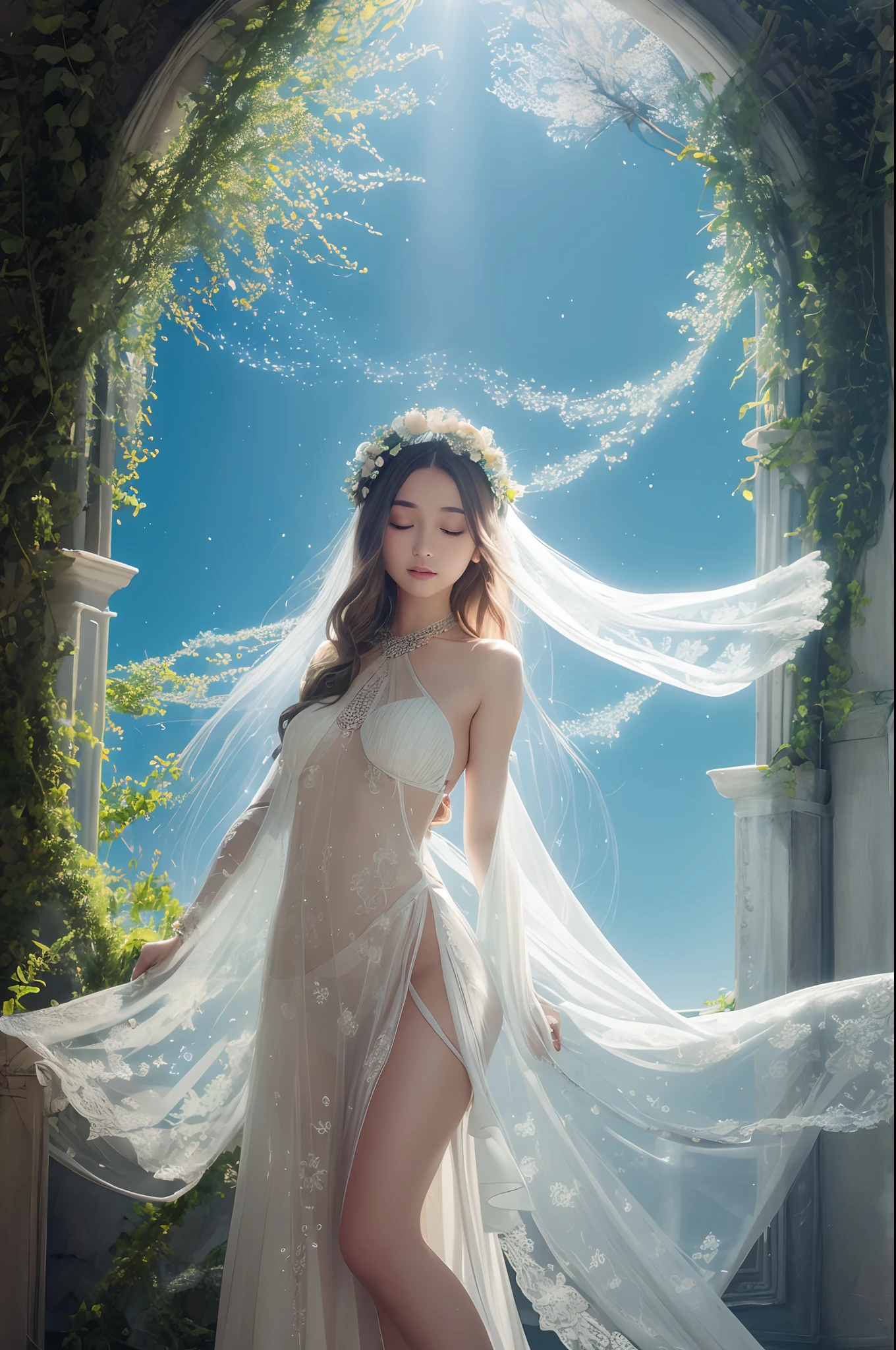 The prompt for the given theme "moon goddess bathing sun beams" can be as follows:

"A moon goddess gracefully bathing in radiant sun beams, surrounded by ethereal light. Beautiful detailed eyes and face, serene expression, with long flowing hair shimmering in the sunlight. She wears a flowing white gown that seems to glow, adorned with delicate celestial patterns. The scene is set in a tranquil garden, filled with vibrant flowers and lush green foliage. The air is filled with a sense of calm and serenity. The artwork depicts a surreal combination of a moonlit night and a sun-lit day, creating a mystical ambiance. The medium used is a captivating digital illustration, which enhances the dream-like quality. The image quality is top-notch, with ultra-detailed features and realistic, photorealistic textures. The colors are vivid and vibrant, enhancing the enchanting atmosphere. The lighting is soft and diffused, with gentle rays of sunlight illuminating the goddess and casting a magical glow on her surroundings. The artwork evokes a sense of tranquility, beauty, and the ethereal connection between the moon and the sun."

Please note that this prompt is just a suggestion, and you can modify it or add additional details as per your creative vision. Remember to always prioritize the main subject, enhance image quality, and maintain a consistent and harmonious theme throughout the prompt.