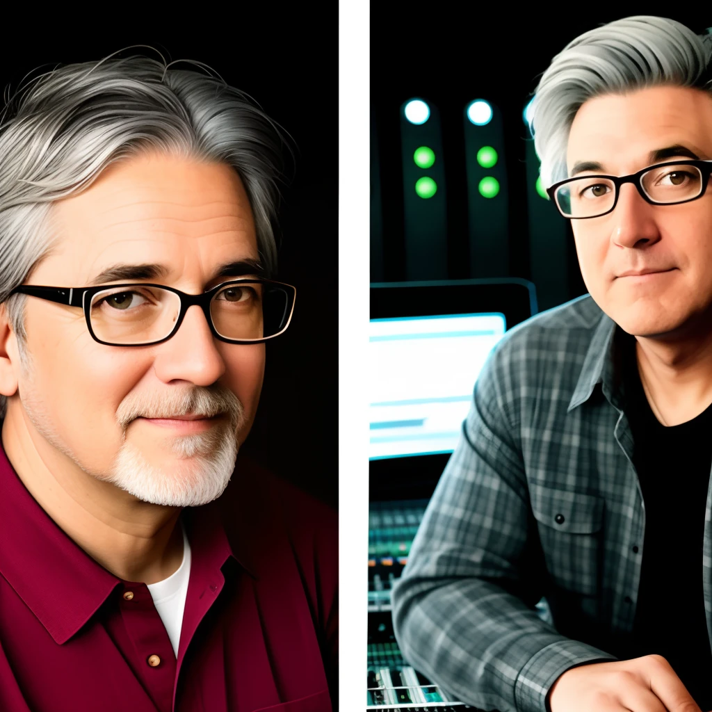 Pixar with my photo with glasses, half-gray hair with 50 years as a sound designer in a recording studio