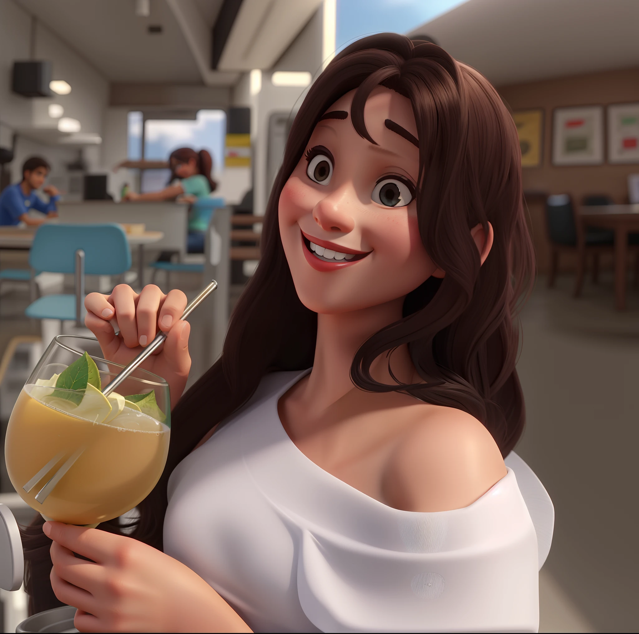 Mulher, sorridente segurando um copo e bebendo no canudo