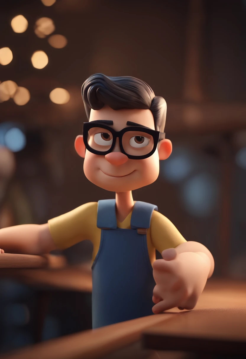 Cartoon character of a man wearing black glasses and a blue shirt, um personagem animado, Caractere estilizado, animation style rendering, 3D estilizado, Arnold Maya render, 3 d render stylized, toon render keyshot, Personagem 3D, Personagem 3D, 3d rendering stylized, 3 d character render, personagem de desenho animado, Personagem de close up, Pose de personagem, (Estilo Pixar) (master part:1.2) (Bokeh) (best quality) (pele detalhada) (textura detalhada) (8k) (argila) (Cinematic lighting) (foco nítido，Senta e vaza a parte superior do corpo