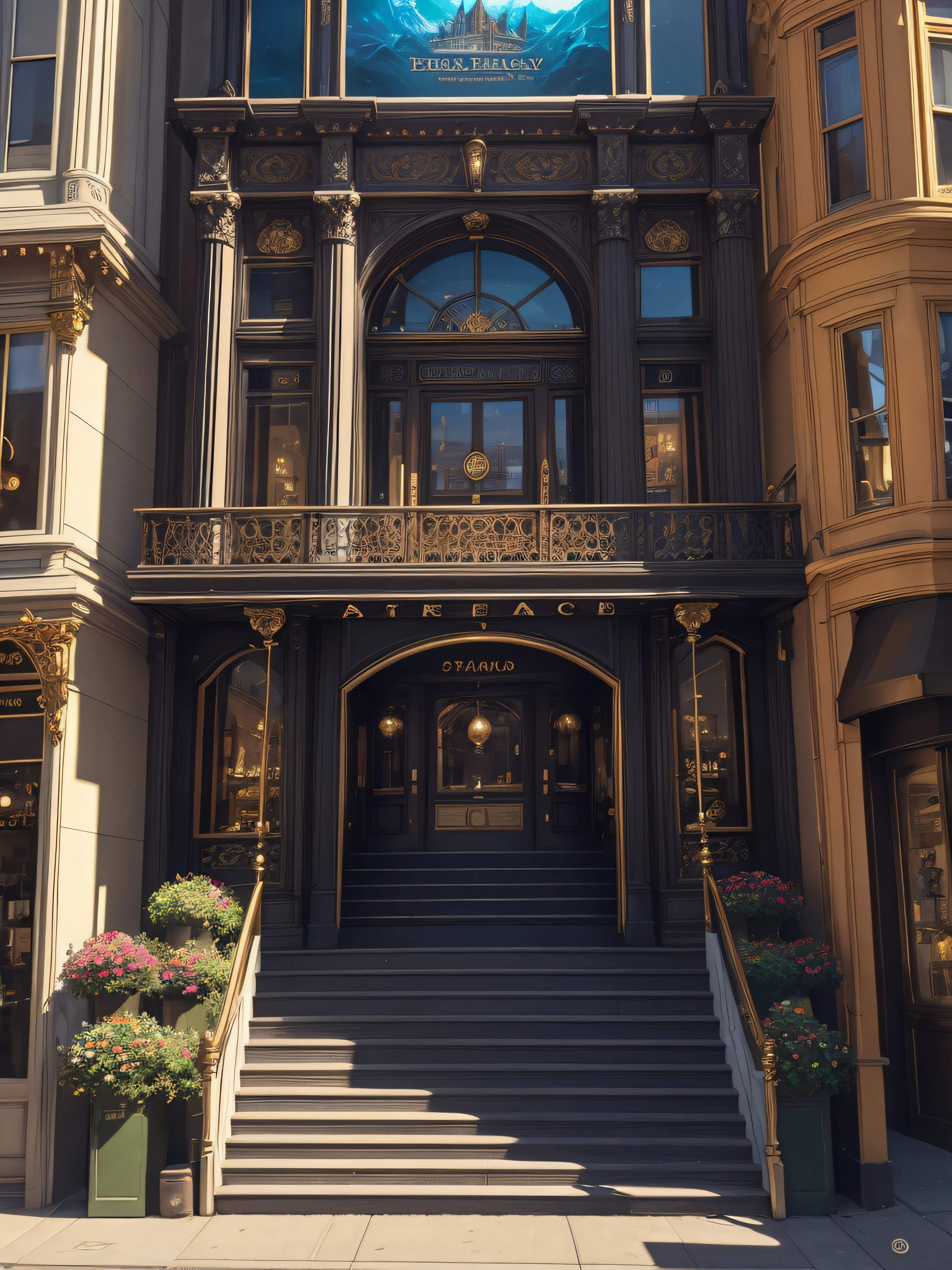 high quality, highly detailed, fantasy, At the forefront of this enchanting scene stands a storefront on the streets of San Francisco best quality 8k art painting, STOREFRONT WITH steps leading to GRAND entrance