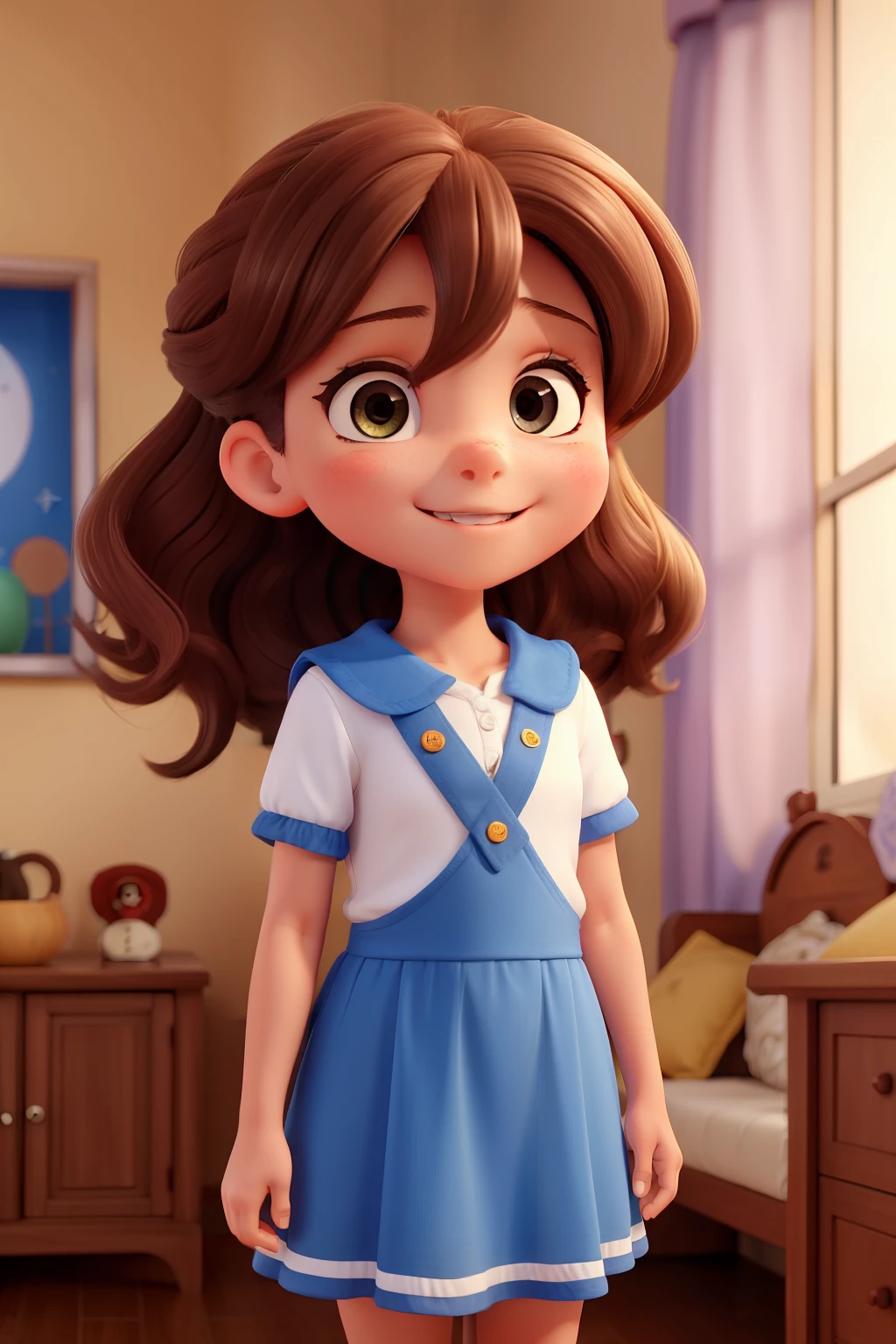 Baby child sitting smiling with both hands up wanting to hold children's room background