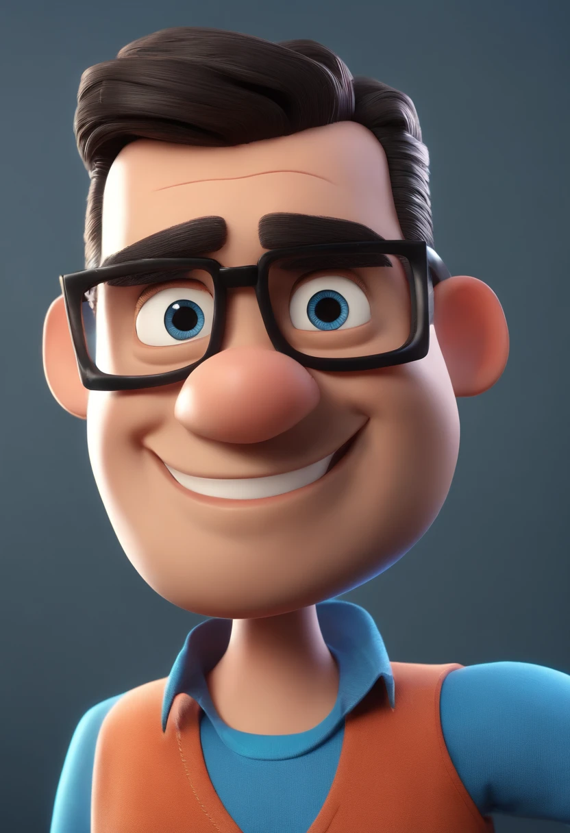 Cartoon character of a man wearing black glasses and a blue shirt, um personagem animado, Caractere estilizado, animation style rendering, 3D estilizado, Arnold Maya render, 3 d render stylized, toon render keyshot, Personagem 3D, Personagem 3D, 3d rendering stylized, 3 d character render, personagem de desenho animado, Personagem de close up, Pose de personagem, (Estilo Pixar) (master part:1.2) (Bokeh) (best quality) (pele detalhada) (textura detalhada) (8k) (argila) (Cinematic lighting) (foco nítido,Senta e vaza a parte superior do corpo