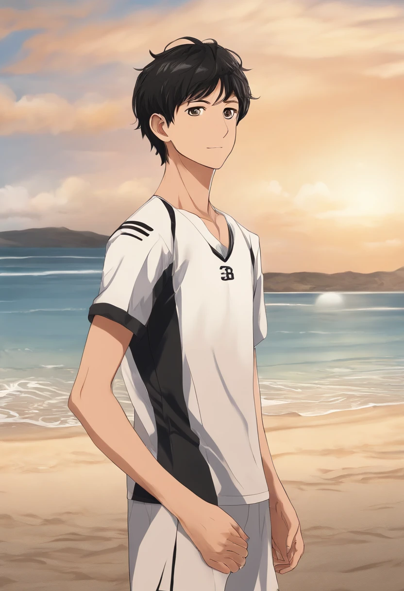(best quality,highres,masterpiece:1.2), ultra-detailed, realistic:1.37, Tobio Kageyama, Haikyuu!!, black hair, alone, 1st year, male, Beach, ocean, outdoors, detailed eyes, close-up, beach volleyball, full face