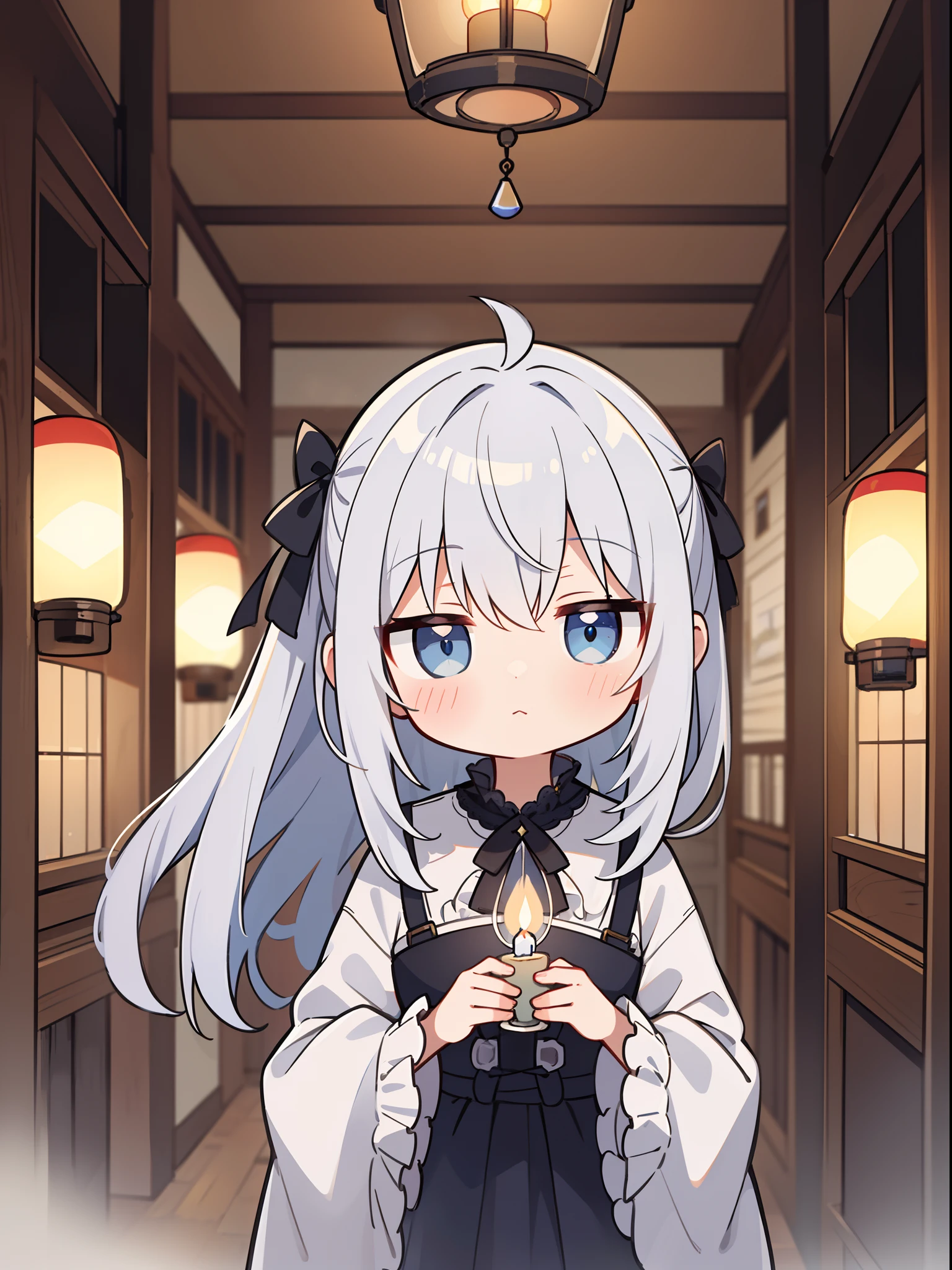 Chibi,silber hair、Light blue eyes、Antique Western-style building、darkened room、Candle lantern in hand、exploring、upper body