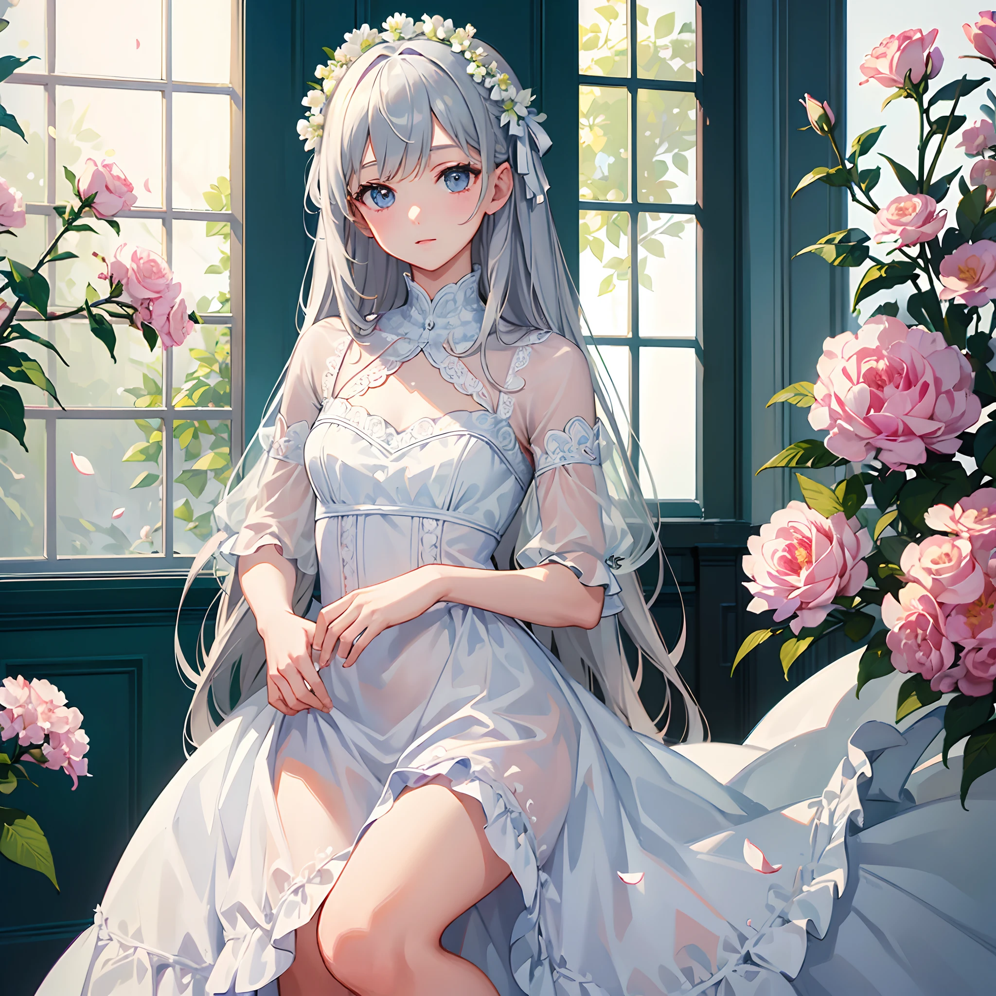 Woman in see-through white dress sitting in flower field, Ethereal and dreamy, Ethereal beauty, a stunning young Ethereal figure, dreamy and Ethereal, white hime cut hairstyle, Ethereal!!!!!!!, Ethereal fairytale, Beautiful maiden, pale snow-white skin, Ethereal!!!, by Torii Kiyomoto, fairycore, very Ethereal, extremely beautiful and Ethereal、there is a bouquet of Flowers that is sitting on a chair, colourfull Flowers bouquet, bouquets, ❤🔥🍄🌪, bouquet, colorful Flowers, Bright and soft colors, colourfullなパステル, Bright pastel colors, Bright pastel colors, in pastel colors, colourfull pastel, beautiful Flowers, 美しいcolourfull, Flowers!!!!, colourfull, In beautiful colors, 🌸 🌼 💮、Woman in blue dress standing on wall, translucent dress, transparent gray dress, sexy gown, with a thin waist, long gown, long-one-piece dress female, Full length view, fantasy dress, low cut dress, opened dress, wearing long gown, see through dress, fantasy long intricate gown, long-one-piece dress, gown, wearing an evening gown, femme, gorgeous woman